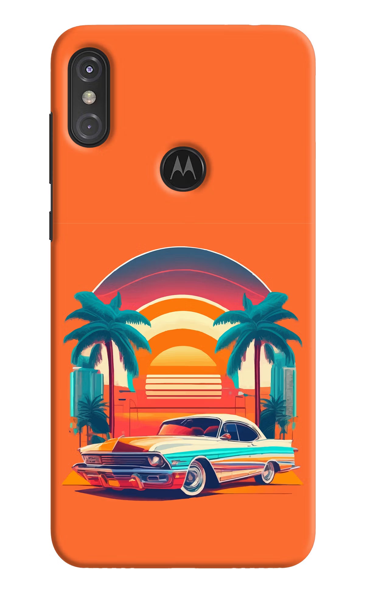 Palm Drive 80s Moto One Power Back Cover - Palm Drive 80s Moto One Power Hard Case Back Cover by Casekaro Palm Drive 80s Moto One Power Hard Case Back Cover by Casekaro