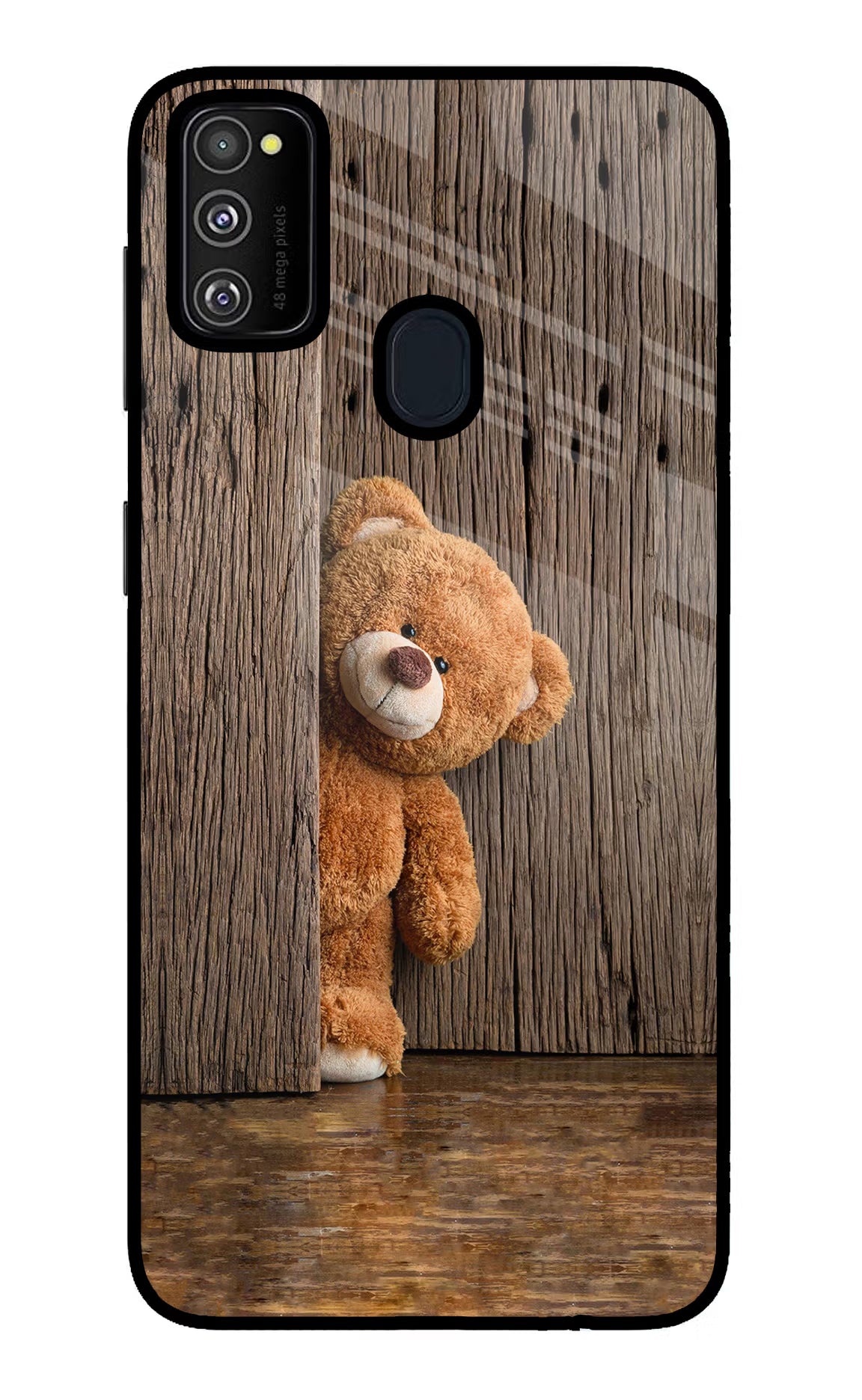 Teddy Wooden Samsung M21 2020 Back Cover - Teddy Wooden Samsung M21 2020 Glass Case Back Cover by Casekaro Teddy Wooden Samsung M21 2020 Glass Case Back Cover by Casekaro