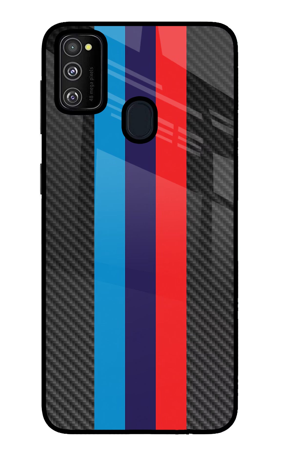 BMW Stripes Pattern Samsung M21 2020 Back Cover - BMW Stripes Pattern Samsung M21 2020 Glass Case Back Cover by Casekaro BMW Stripes Pattern Samsung M21 2020 Glass Case Back Cover by Casekaro