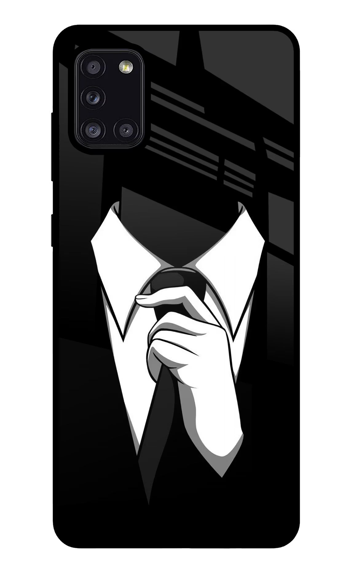 Black Tie Samsung A31 Back Cover - Black Tie Samsung A31 Glass Case Back Cover by Casekaro Black Tie Samsung A31 Glass Case Back Cover by Casekaro