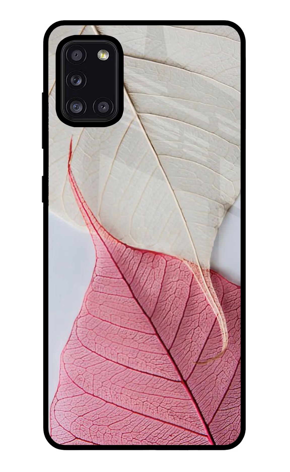 White Pink Leaf Samsung A31 Back Cover - White Pink Leaf Samsung A31 Glass Case Back Cover by Casekaro White Pink Leaf Samsung A31 Glass Case Back Cover by Casekaro