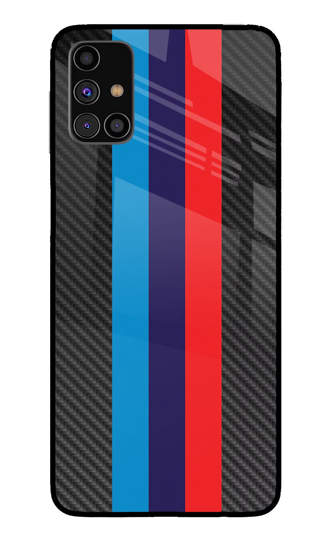 BMW Stripes Pattern Samsung M31s Back Cover - BMW Stripes Pattern Samsung M31s Glass Case Back Cover by Casekaro BMW Stripes Pattern Samsung M31s Glass Case Back Cover by Casekaro