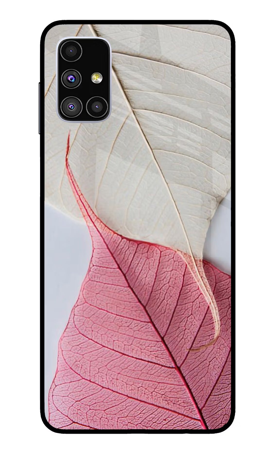 White Pink Leaf Samsung M51 Back Cover - White Pink Leaf Samsung M51 Glass Case Back Cover by Casekaro White Pink Leaf Samsung M51 Glass Case Back Cover by Casekaro