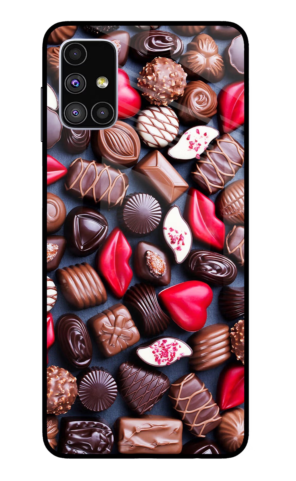 Chocolates Samsung M51 Back Cover - Chocolates Samsung M51 Glass Case Back Cover by Casekaro Chocolates Samsung M51 Glass Case Back Cover by Casekaro