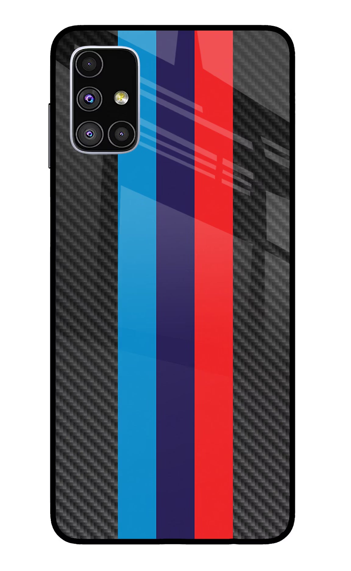 BMW Stripes Pattern Samsung M51 Back Cover - BMW Stripes Pattern Samsung M51 Glass Case Back Cover by Casekaro BMW Stripes Pattern Samsung M51 Glass Case Back Cover by Casekaro