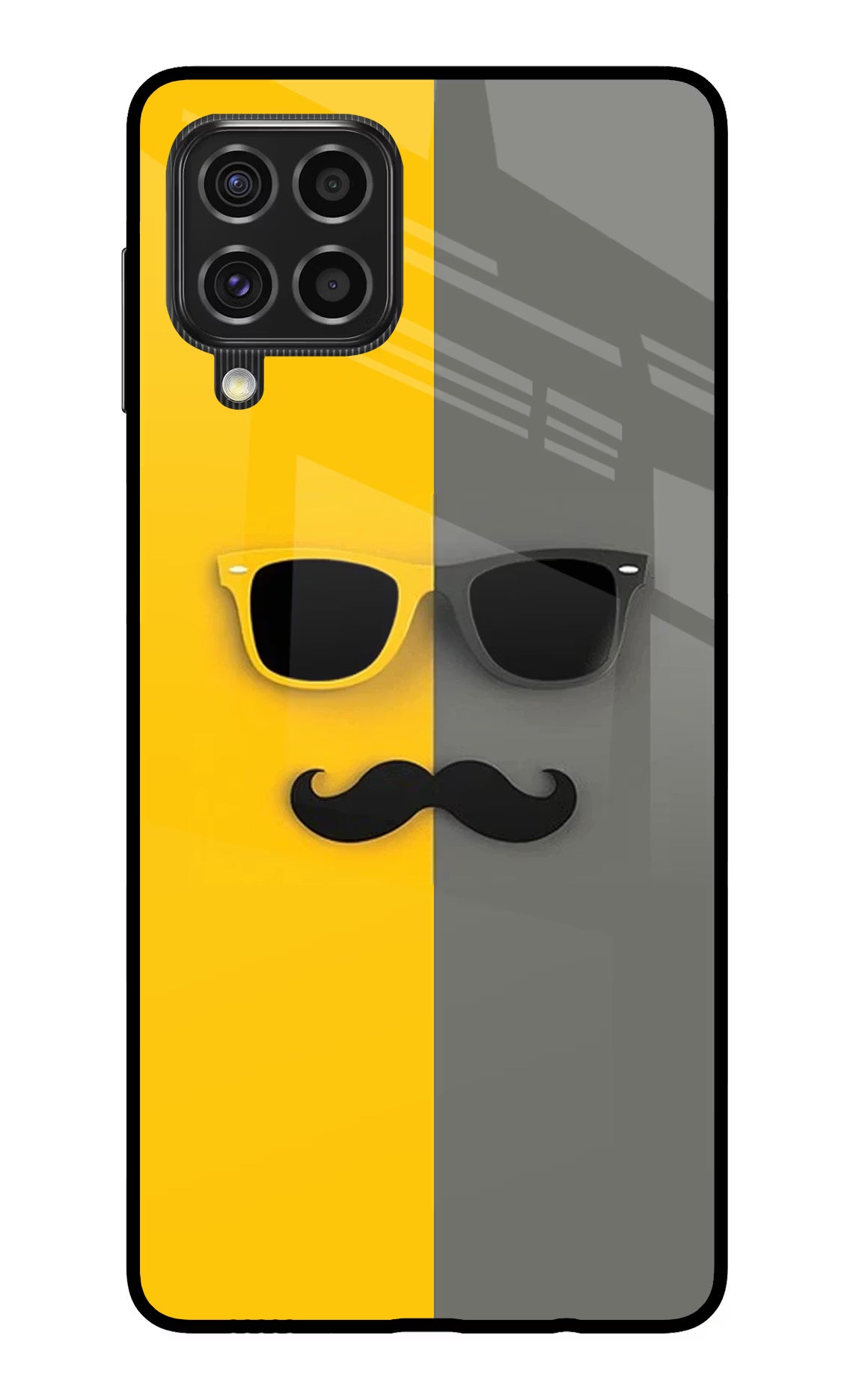 Sunglasses with Mustache Samsung F62 Back Cover - Sunglasses with Mustache Samsung F62 Glass Case Back Cover by Casekaro Sunglasses with Mustache Samsung F62 Glass Case Back Cover by Casekaro