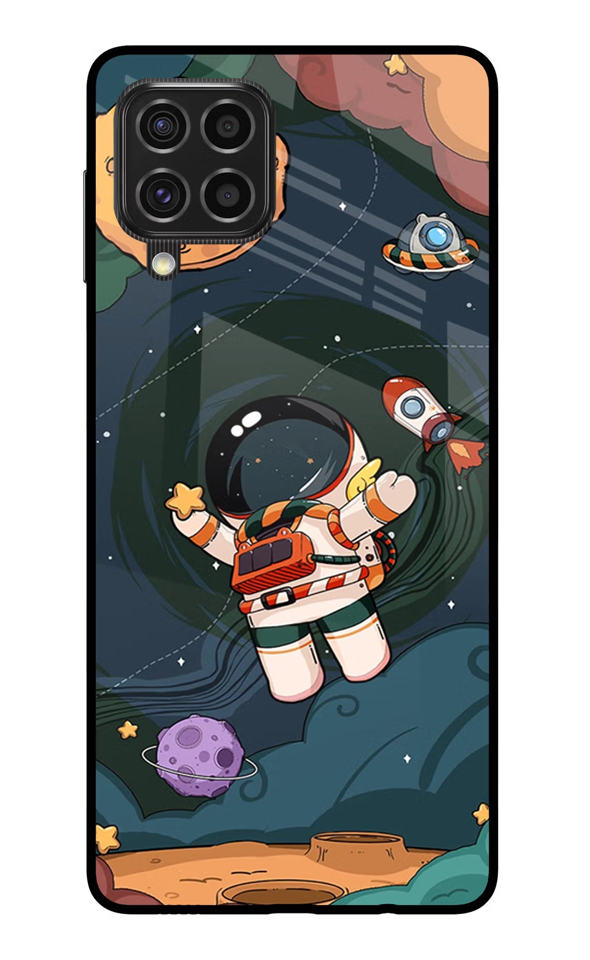 Cartoon Astronaut Samsung F62 Back Cover - Cartoon Astronaut Samsung F62 Glass Case Back Cover by Casekaro Cartoon Astronaut Samsung F62 Glass Case Back Cover by Casekaro