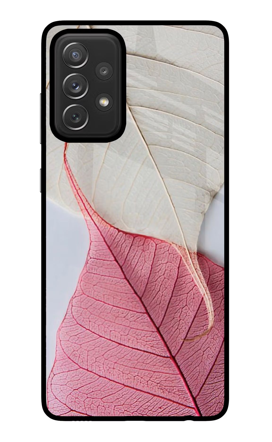 White Pink Leaf Samsung A72 Back Cover - White Pink Leaf Samsung A72 Glass Case Back Cover by Casekaro White Pink Leaf Samsung A72 Glass Case Back Cover by Casekaro