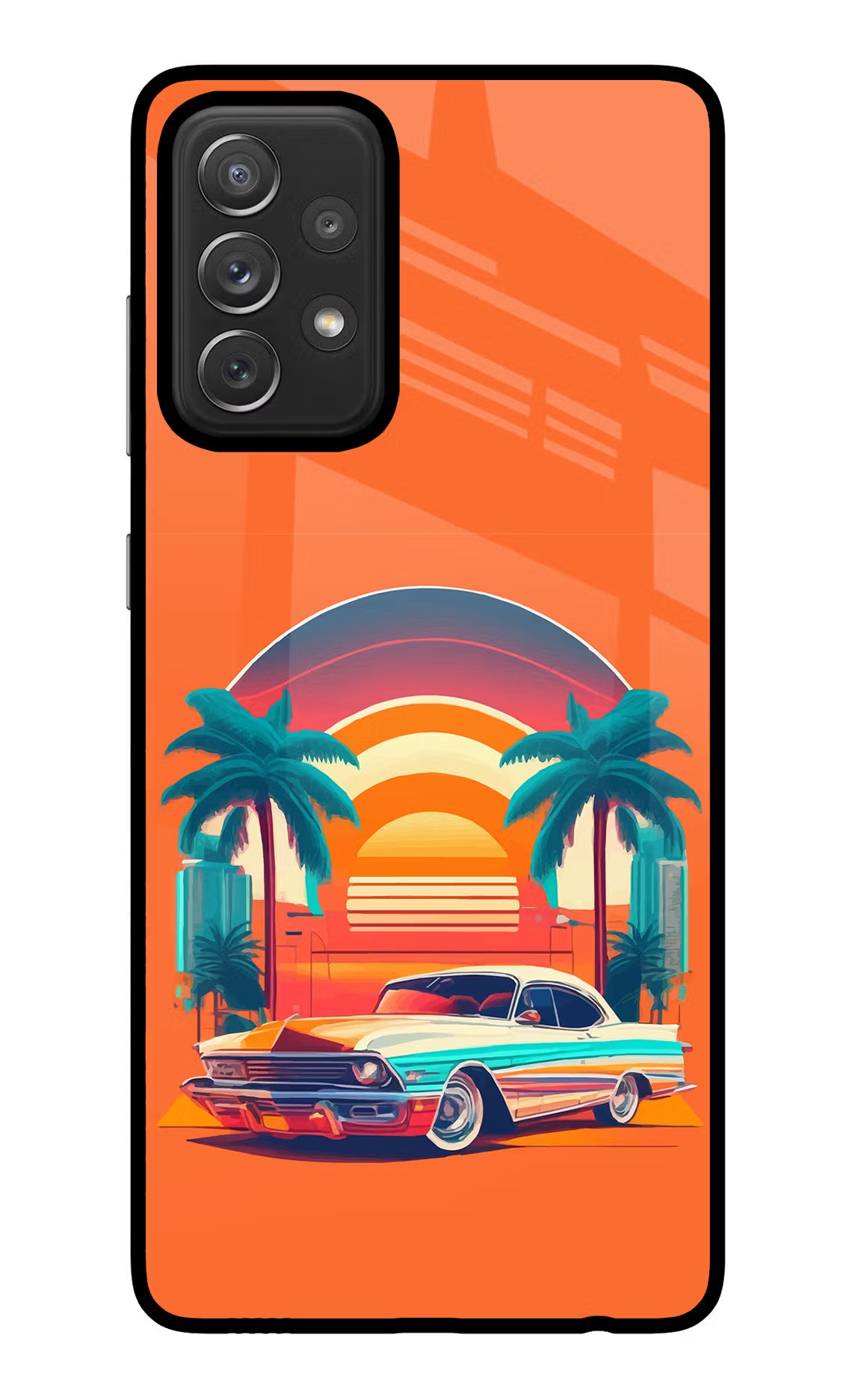Palm Drive 80s Samsung A72 Back Cover - Palm Drive 80s Samsung A72 Glass Case Back Cover by Casekaro Palm Drive 80s Samsung A72 Glass Case Back Cover by Casekaro
