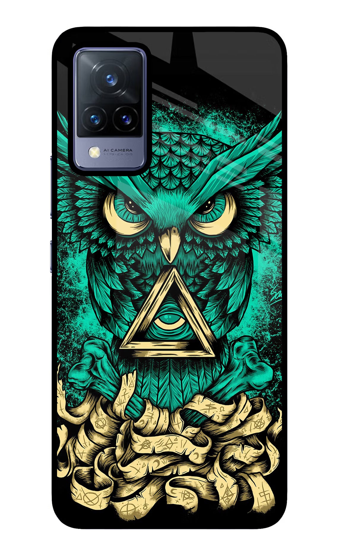 Green Owl Vivo V21 Back Cover - Green Owl Vivo V21 Glass Case Back Cover by Casekaro Green Owl Vivo V21 Glass Case Back Cover by Casekaro
