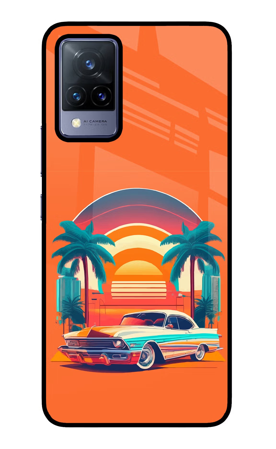 Palm Drive 80s Vivo V21 Back Cover - Palm Drive 80s Vivo V21 Glass Case Back Cover by Casekaro Palm Drive 80s Vivo V21 Glass Case Back Cover by Casekaro