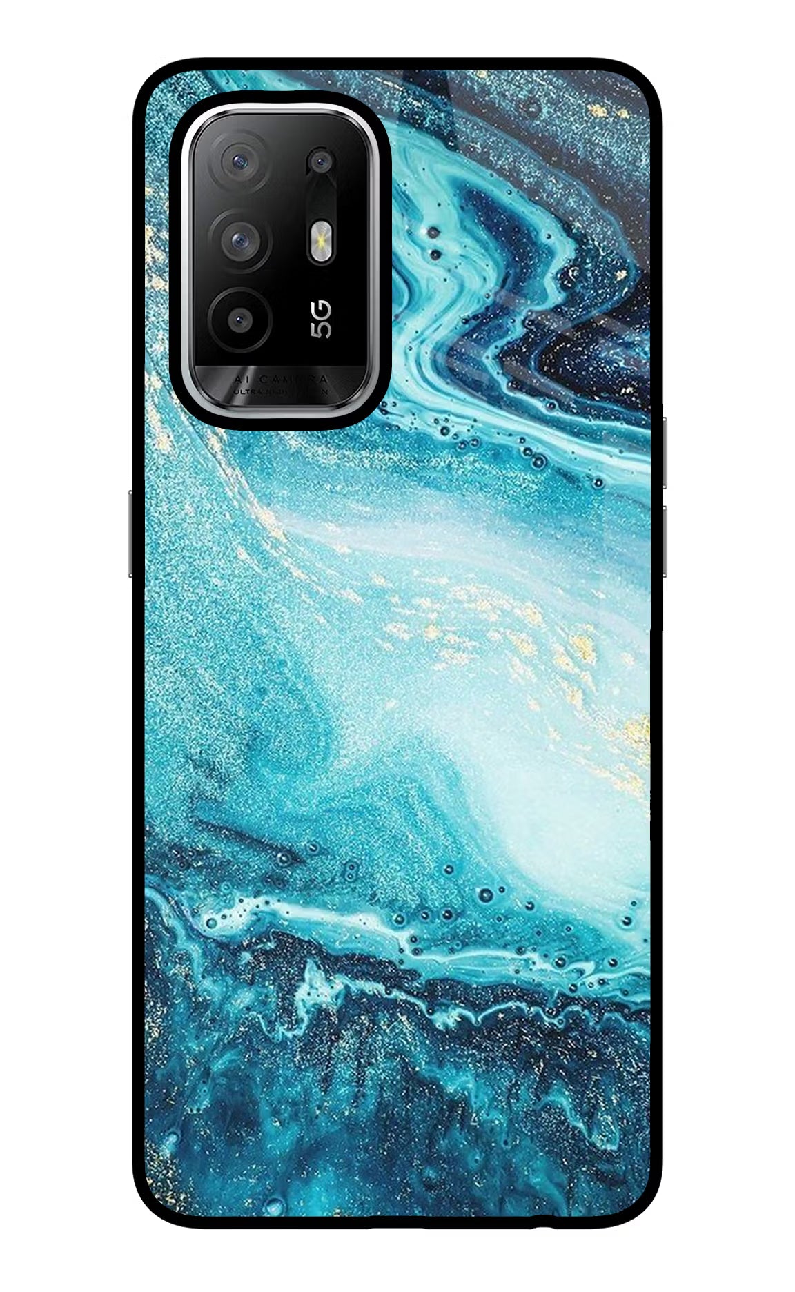 Blue Glitter Marble Oppo F19 Pro+ Back Cover - Blue Glitter Marble Oppo F19 Pro+ Glass Case Back Cover by Casekaro Blue Glitter Marble Oppo F19 Pro+ Glass Case Back Cover by Casekaro