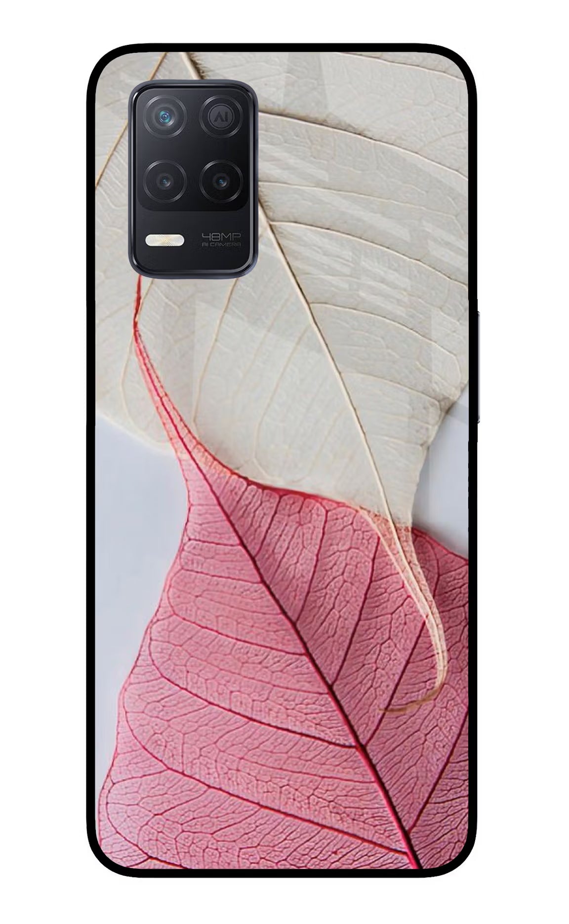 White Pink Leaf Realme 8 5G/8s 5G Back Cover - White Pink Leaf Realme 8 5G/8s 5G Glass Case Back Cover by Casekaro White Pink Leaf Realme 8 5G/8s 5G Glass Case Back Cover by Casekaro