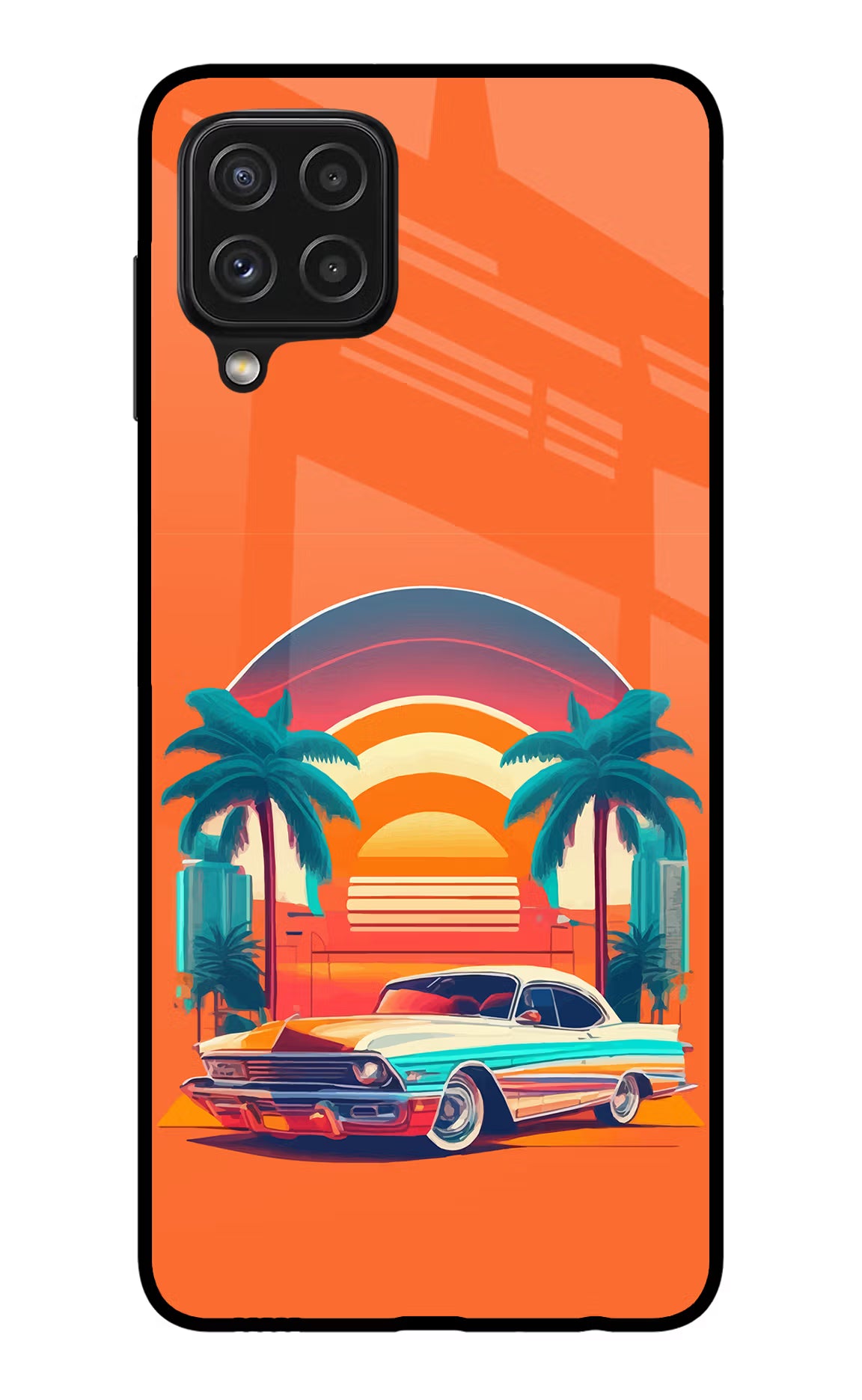 Palm Drive 80s Samsung A22 4G Back Cover - Palm Drive 80s Samsung A22 4G Glass Case Back Cover by Casekaro Palm Drive 80s Samsung A22 4G Glass Case Back Cover by Casekaro