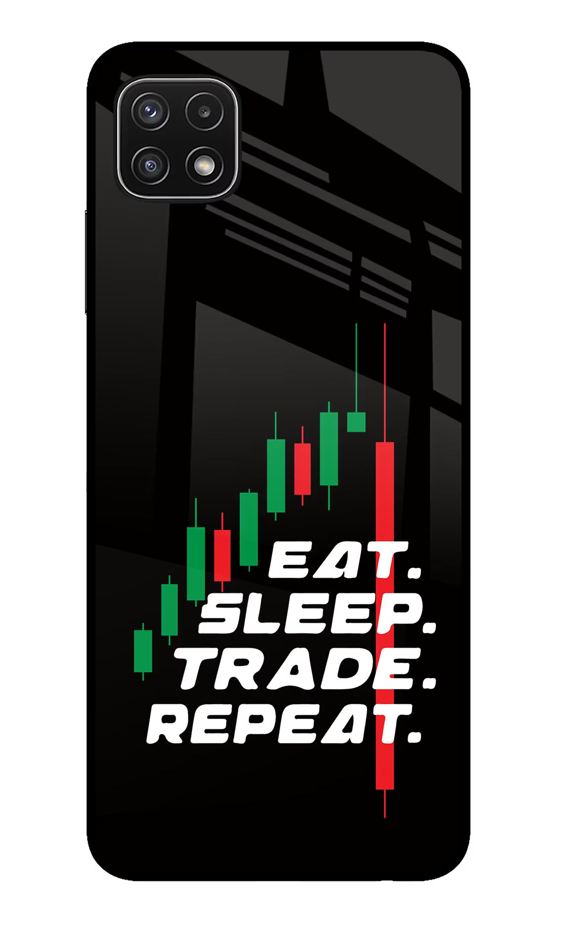 Eat Sleep Trade Repeat Samsung A22 5G Back Cover - Eat Sleep Trade Repeat Samsung A22 5G Glass Case Back Cover by Casekaro Eat Sleep Trade Repeat Samsung A22 5G Glass Case Back Cover by Casekaro
