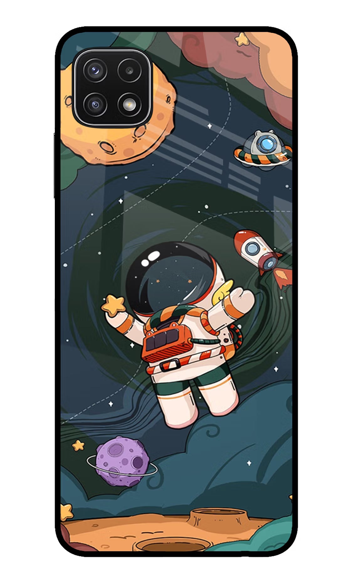 Cartoon Astronaut Samsung A22 5G Back Cover - Cartoon Astronaut Samsung A22 5G Glass Case Back Cover by Casekaro Cartoon Astronaut Samsung A22 5G Glass Case Back Cover by Casekaro