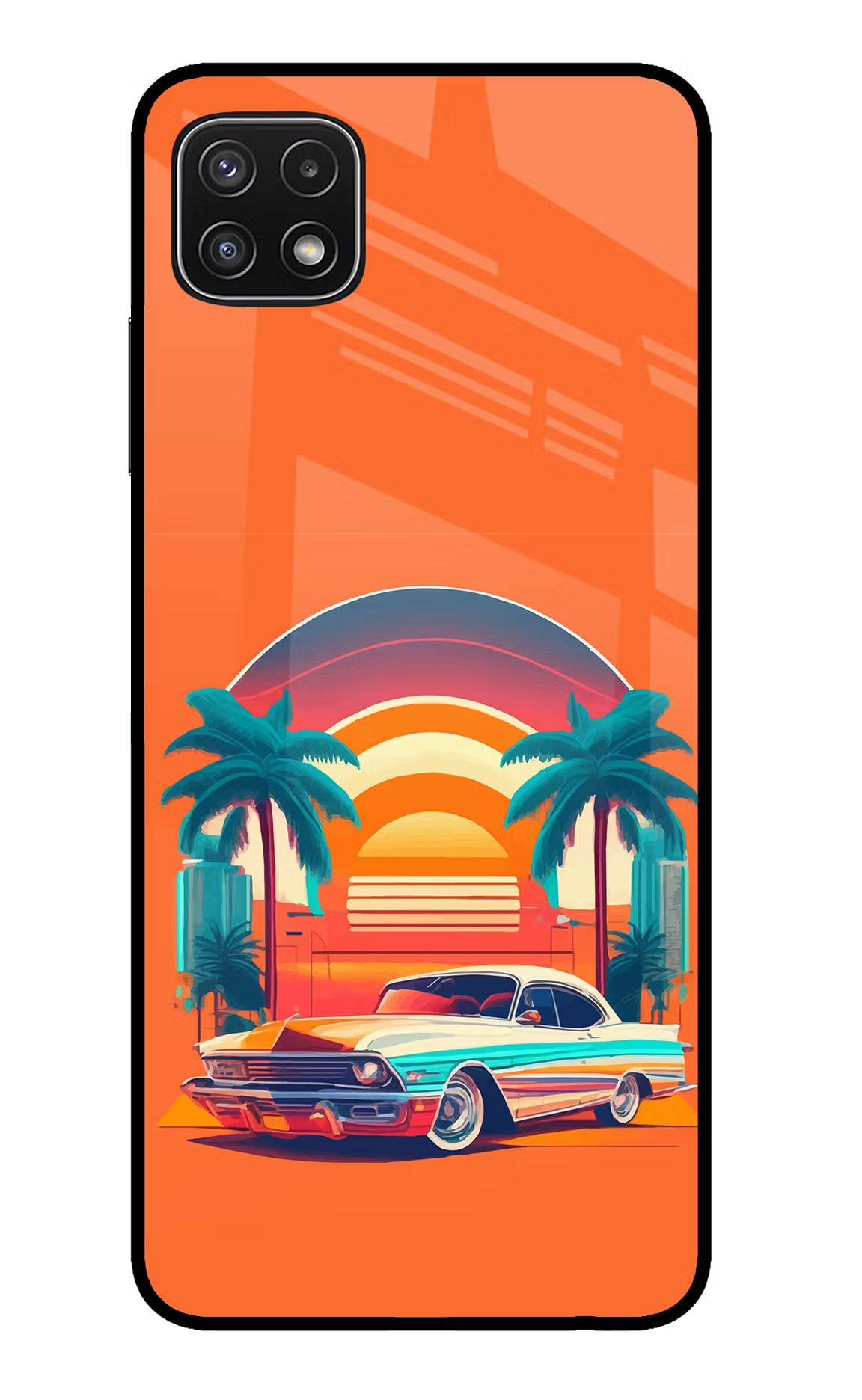 Palm Drive 80s Samsung A22 5G Back Cover - Palm Drive 80s Samsung A22 5G Glass Case Back Cover by Casekaro Palm Drive 80s Samsung A22 5G Glass Case Back Cover by Casekaro