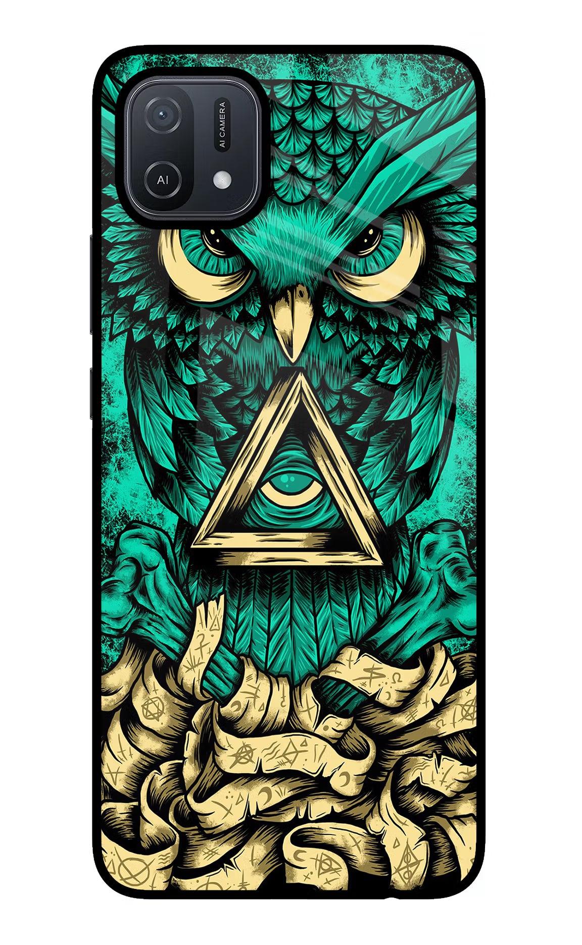 Green Owl Oppo A16 Back Cover - Green Owl Oppo A16 Glass Case Back Cover by Casekaro Green Owl Oppo A16 Glass Case Back Cover by Casekaro
