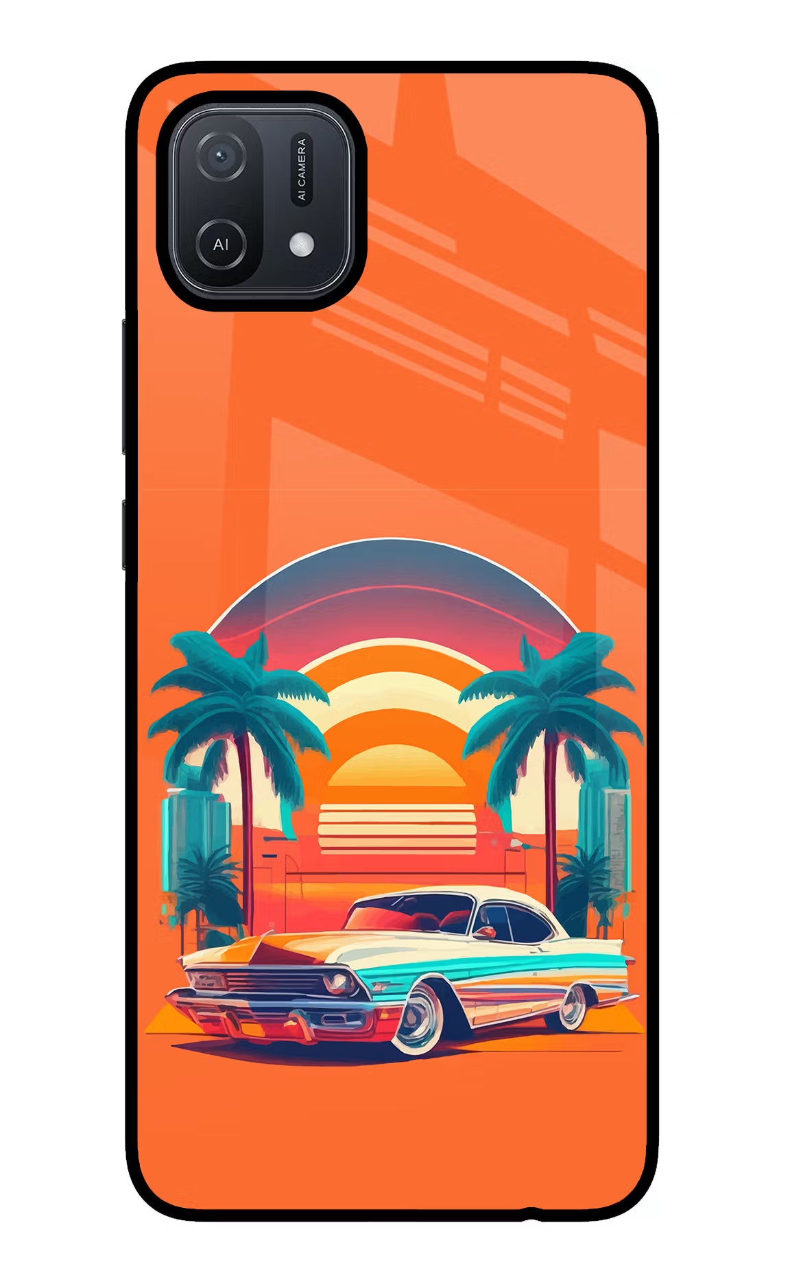 Palm Drive 80s Oppo A16 Back Cover - Palm Drive 80s Oppo A16 Glass Case Back Cover by Casekaro Palm Drive 80s Oppo A16 Glass Case Back Cover by Casekaro