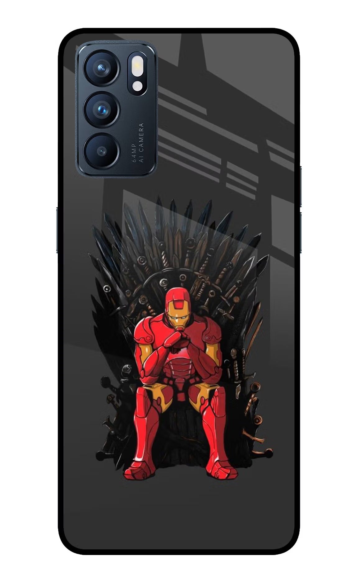 Ironman Throne Oppo Reno6 5G Back Cover - Ironman Throne Oppo Reno6 5G Glass Case Back Cover by Casekaro Ironman Throne Oppo Reno6 5G Glass Case Back Cover by Casekaro
