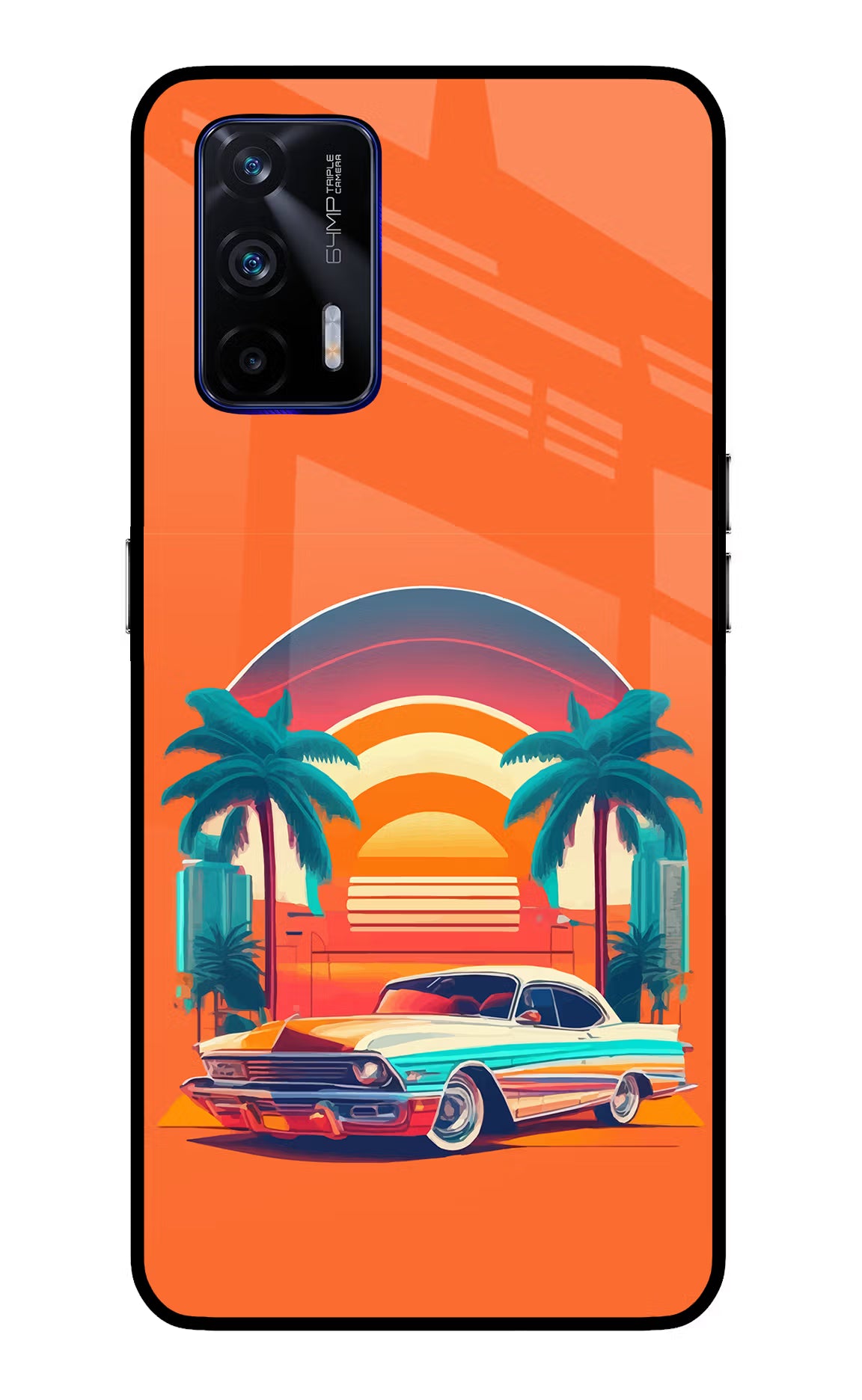 Palm Drive 80s Realme GT 5G Back Cover - Palm Drive 80s Realme GT 5G Glass Case Back Cover by Casekaro Palm Drive 80s Realme GT 5G Glass Case Back Cover by Casekaro