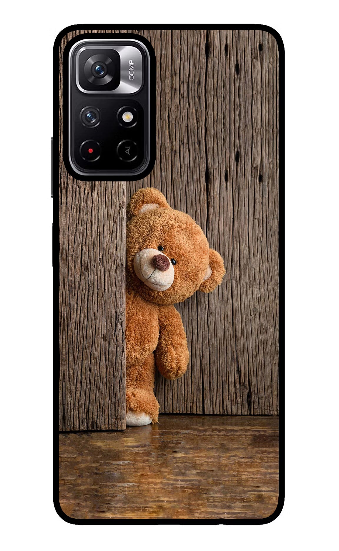 Teddy Wooden Redmi Note 11T 5G Back Cover - Teddy Wooden Redmi Note 11T 5G Glass Case Back Cover by Casekaro Teddy Wooden Redmi Note 11T 5G Glass Case Back Cover by Casekaro