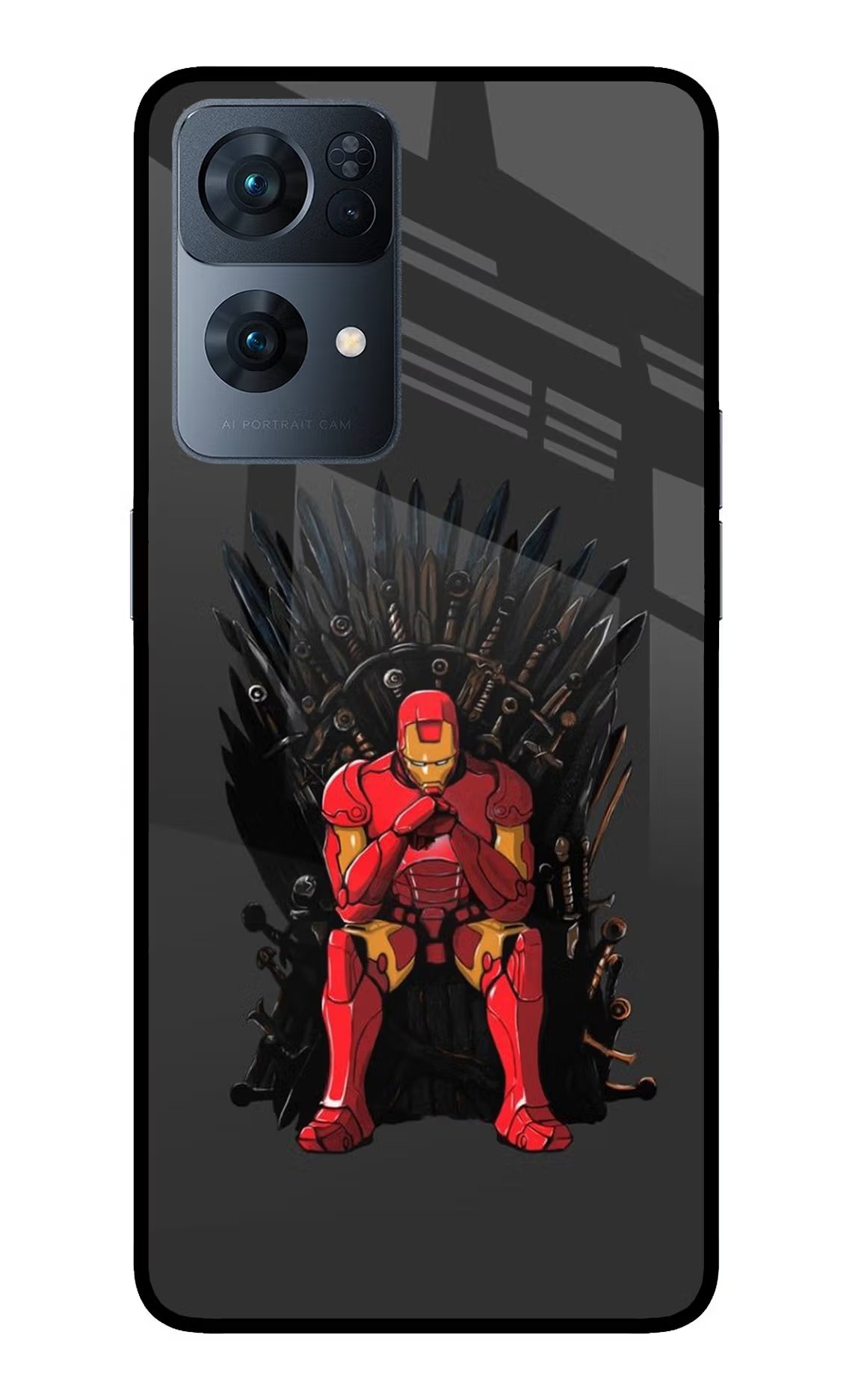 Ironman Throne Oppo Reno7 Pro 5G Back Cover - Ironman Throne Oppo Reno7 Pro 5G Glass Case Back Cover by Casekaro Ironman Throne Oppo Reno7 Pro 5G Glass Case Back Cover by Casekaro