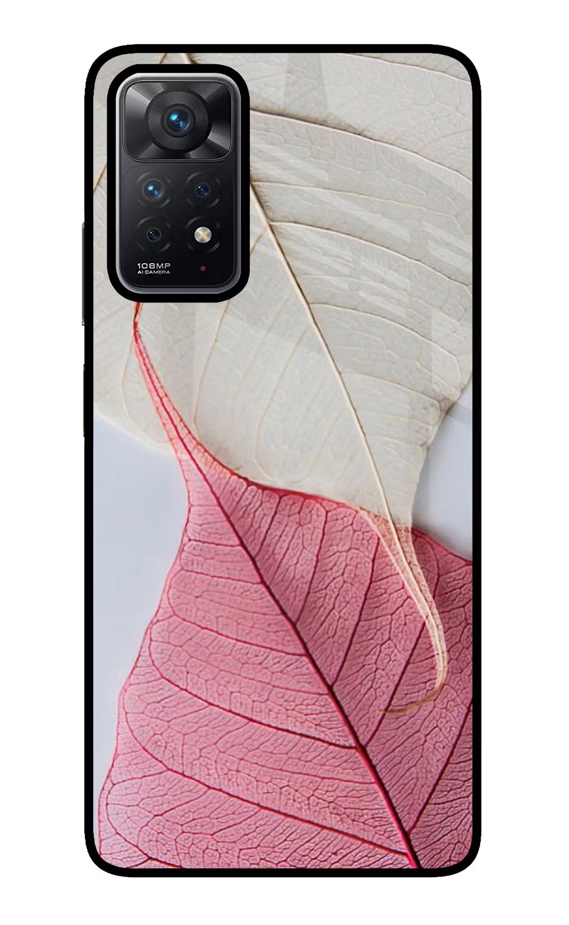 White Pink Leaf Redmi Note 11 Pro Back Cover - White Pink Leaf Redmi Note 11 Pro Glass Case Back Cover by Casekaro White Pink Leaf Redmi Note 11 Pro Glass Case Back Cover by Casekaro