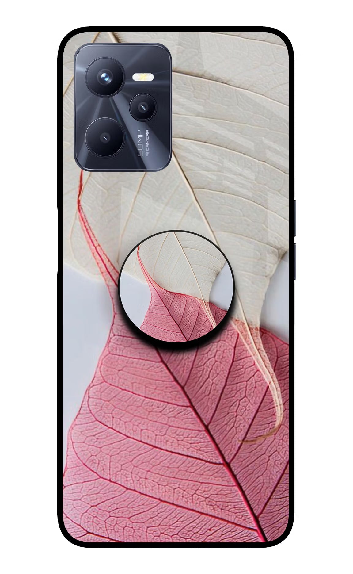 White Pink Leaf Realme C35 Glass Case - White Pink Leaf Realme C35 Glass Case White Pink Leaf Realme C35 Glass Case