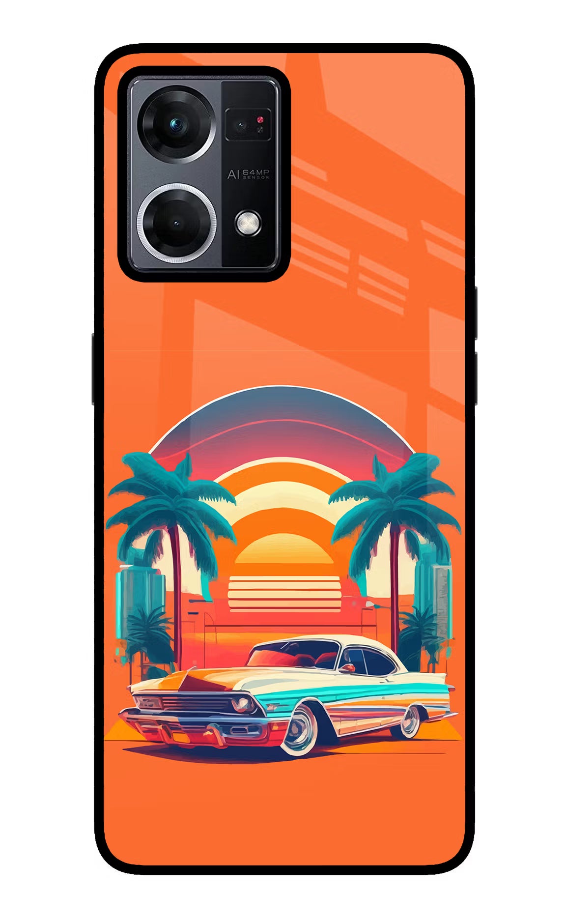 Palm Drive 80s Oppo F21 Pro 4G Back Cover - Palm Drive 80s Oppo F21 Pro 4G Glass Case Back Cover by Casekaro Palm Drive 80s Oppo F21 Pro 4G Glass Case Back Cover by Casekaro