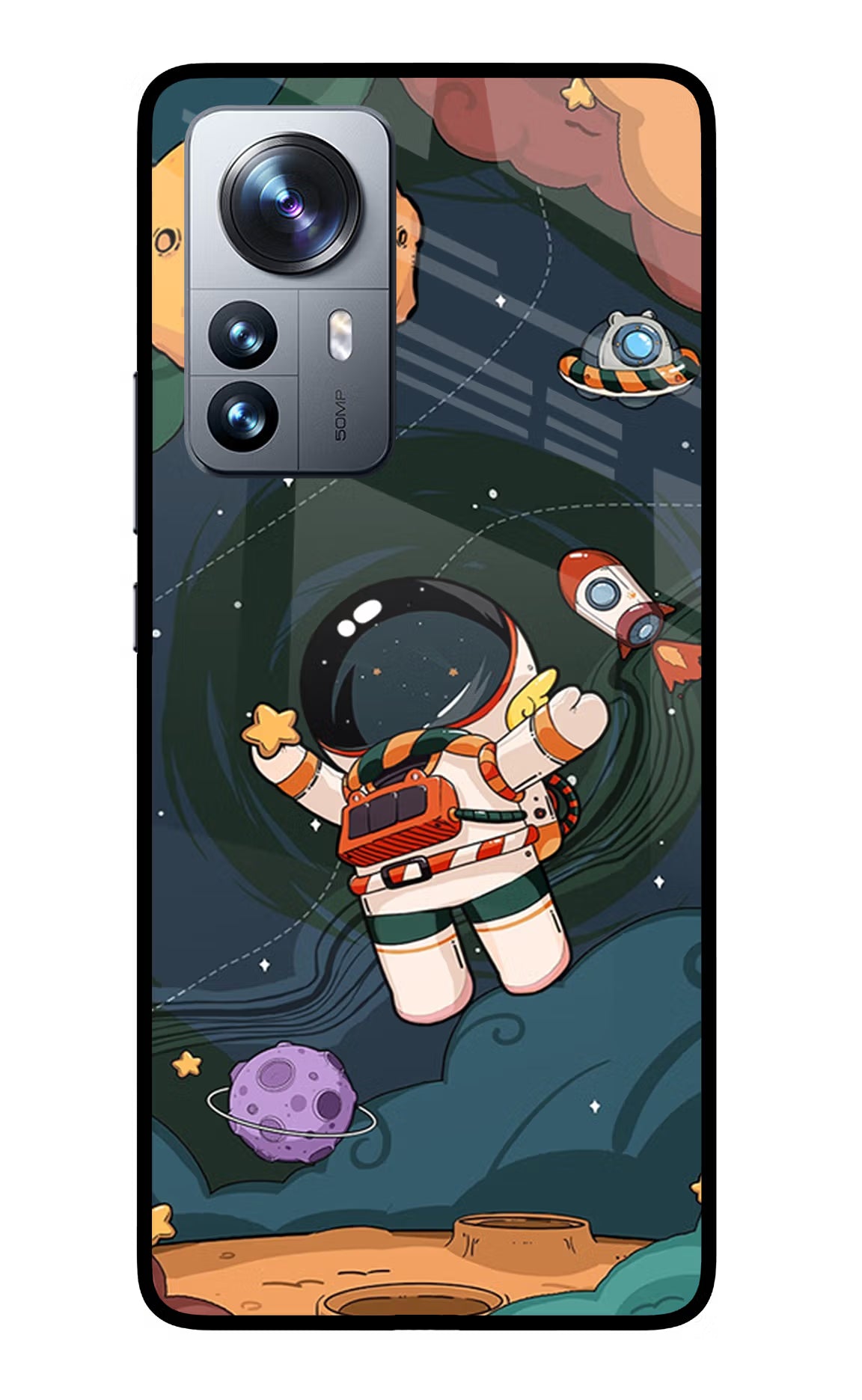 Cartoon Astronaut Mi 12 Pro 5G Back Cover - Cartoon Astronaut Mi 12 Pro 5G Glass Case Back Cover by Casekaro Cartoon Astronaut Mi 12 Pro 5G Glass Case Back Cover by Casekaro