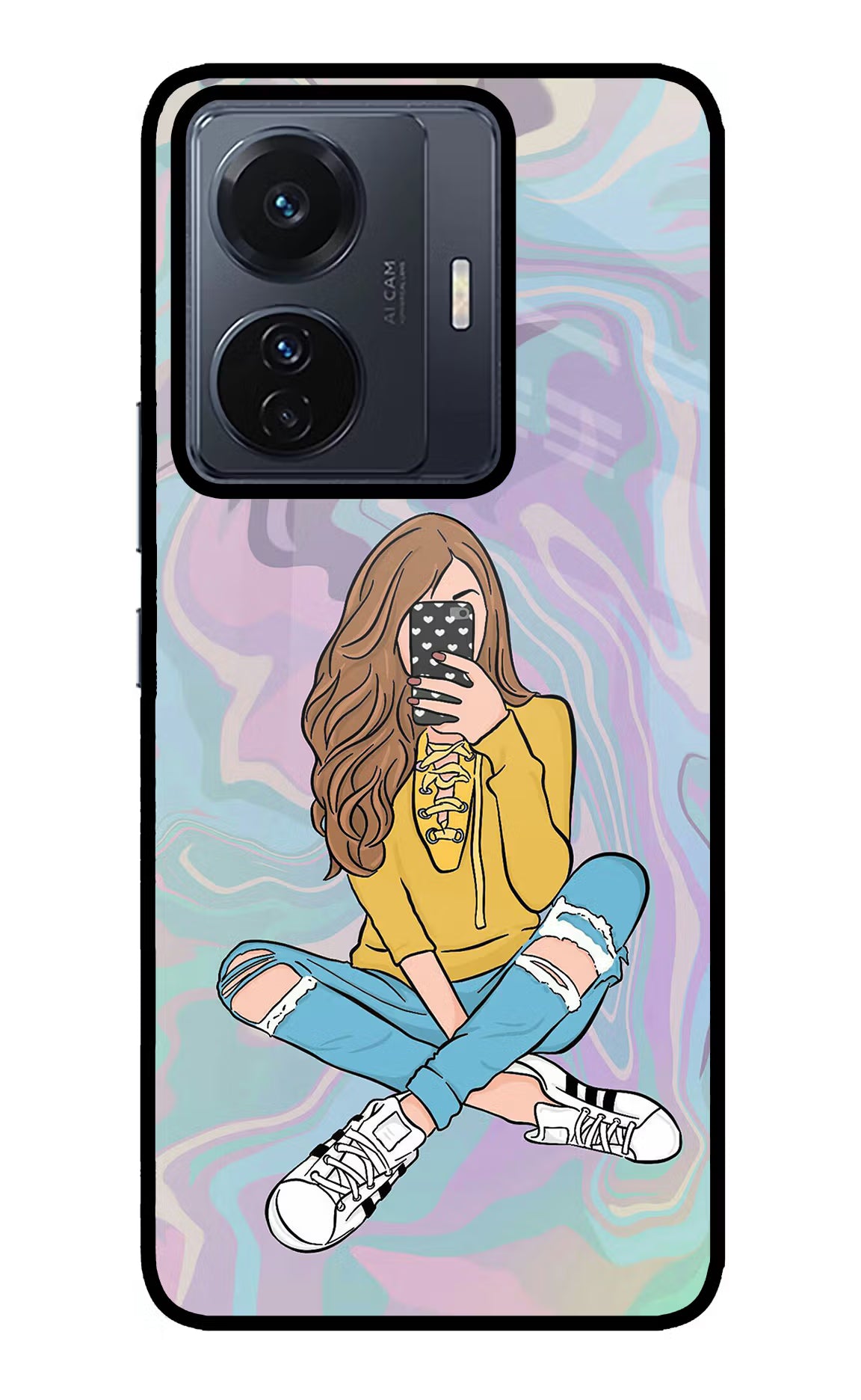 Selfie Girl Vivo T1 Pro 5G Back Cover - Selfie Girl Vivo T1 Pro 5G Glass Case Back Cover by Casekaro Selfie Girl Vivo T1 Pro 5G Glass Case Back Cover by Casekaro