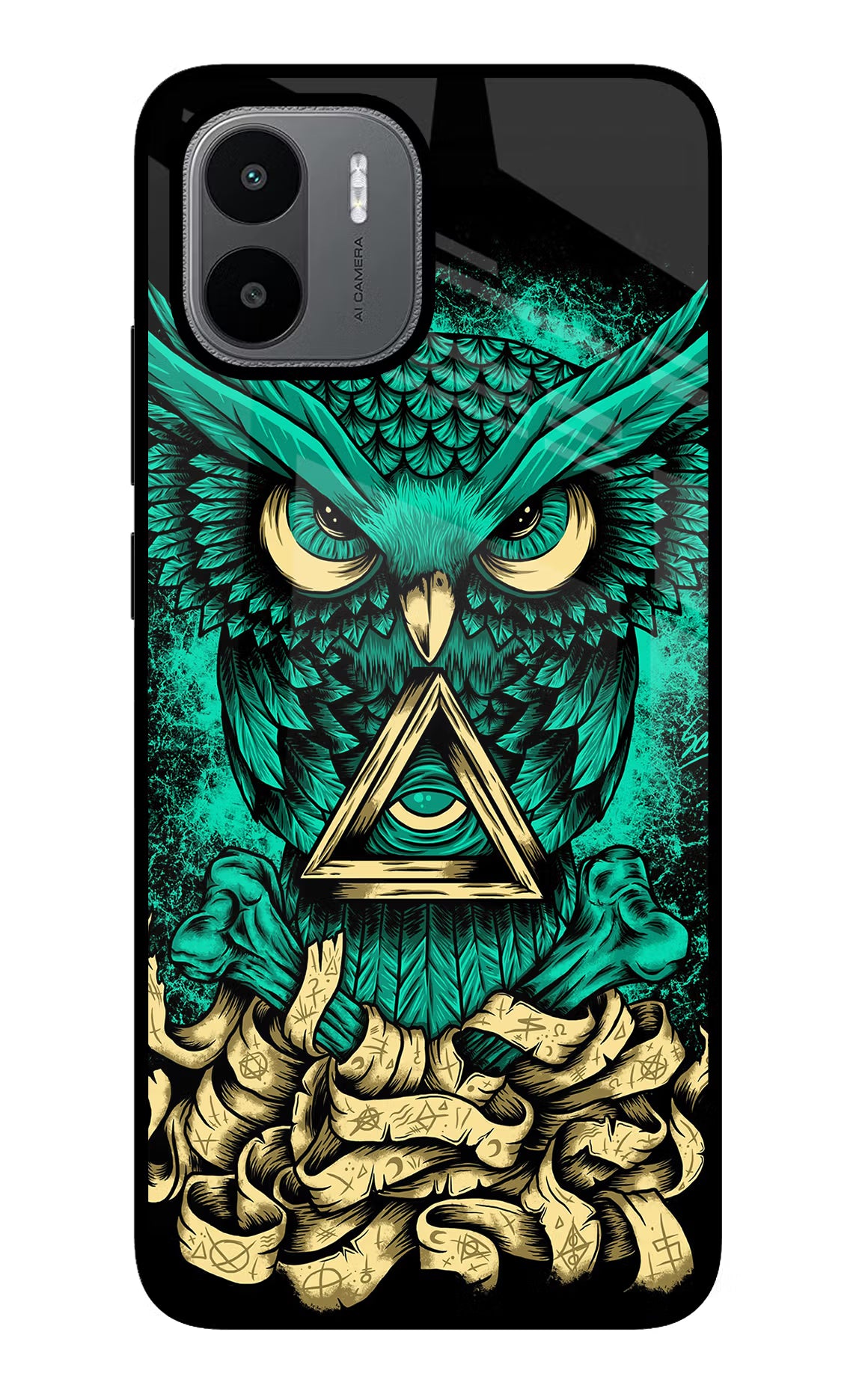 Green Owl Redmi A1/A2 Back Cover - Green Owl Redmi A1/A2 Glass Case Back Cover by Casekaro Green Owl Redmi A1/A2 Glass Case Back Cover by Casekaro