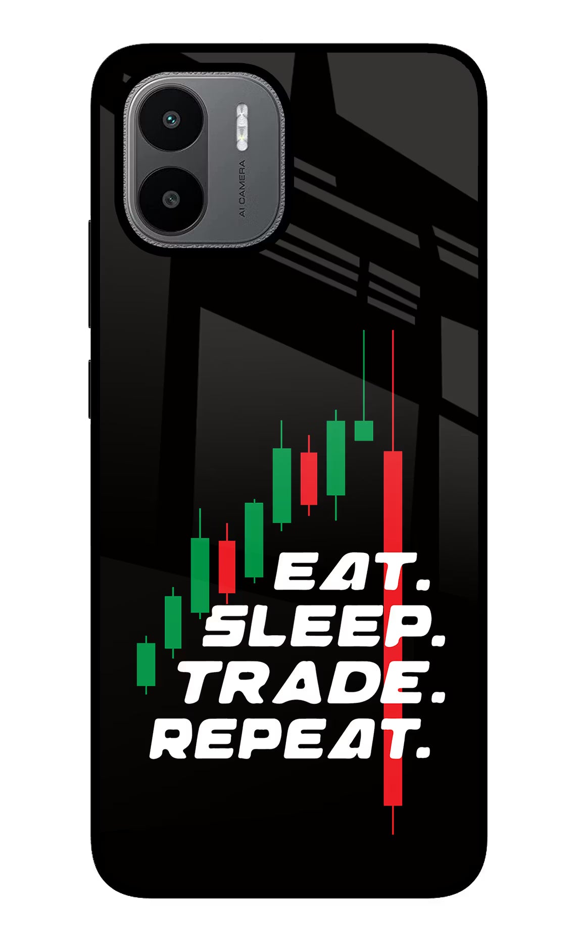 Eat Sleep Trade Repeat Redmi A1/A2 Back Cover - Eat Sleep Trade Repeat Redmi A1/A2 Glass Case Back Cover by Casekaro Eat Sleep Trade Repeat Redmi A1/A2 Glass Case Back Cover by Casekaro