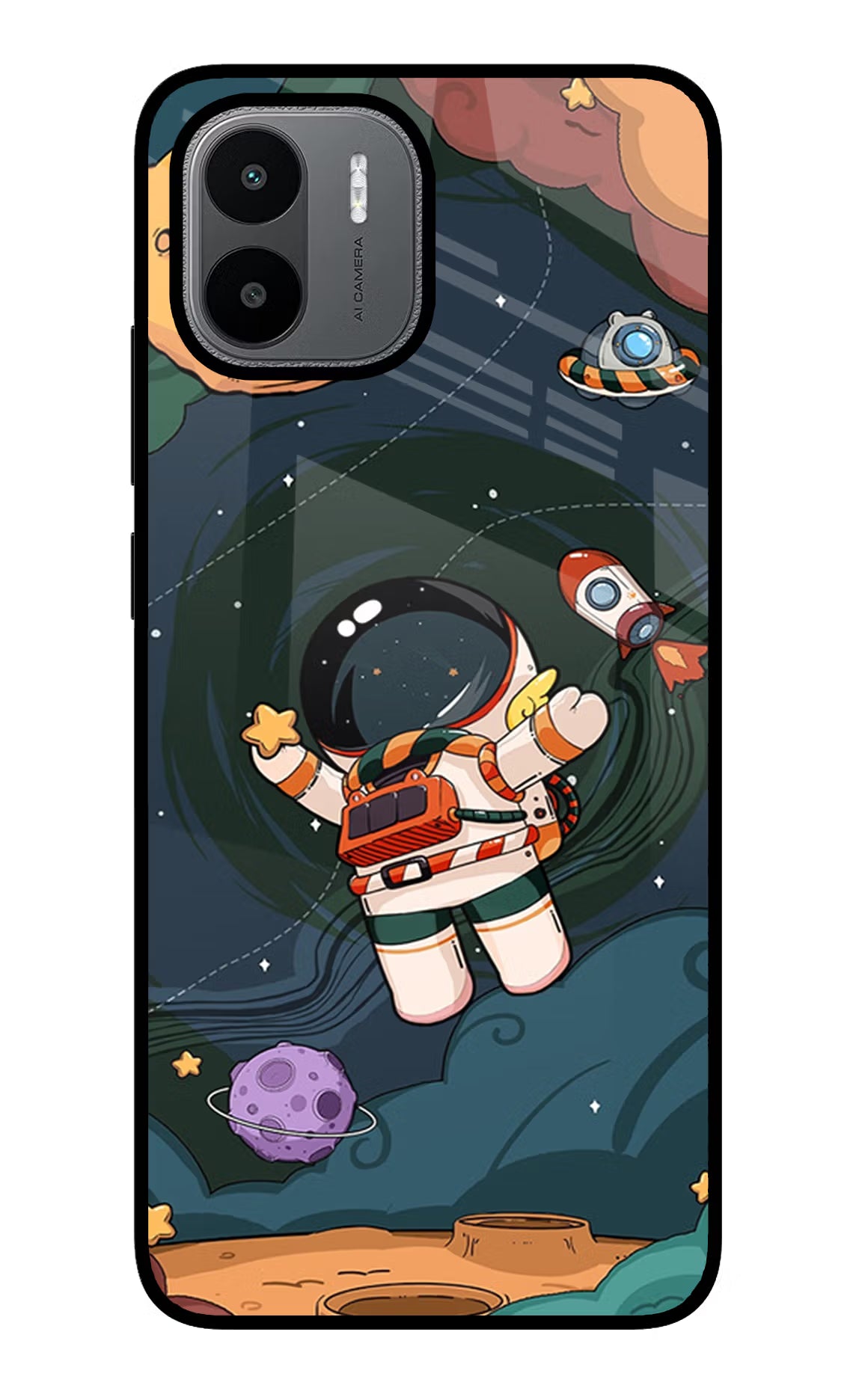 Cartoon Astronaut Redmi A1/A2 Back Cover - Cartoon Astronaut Redmi A1/A2 Glass Case Back Cover by Casekaro Cartoon Astronaut Redmi A1/A2 Glass Case Back Cover by Casekaro