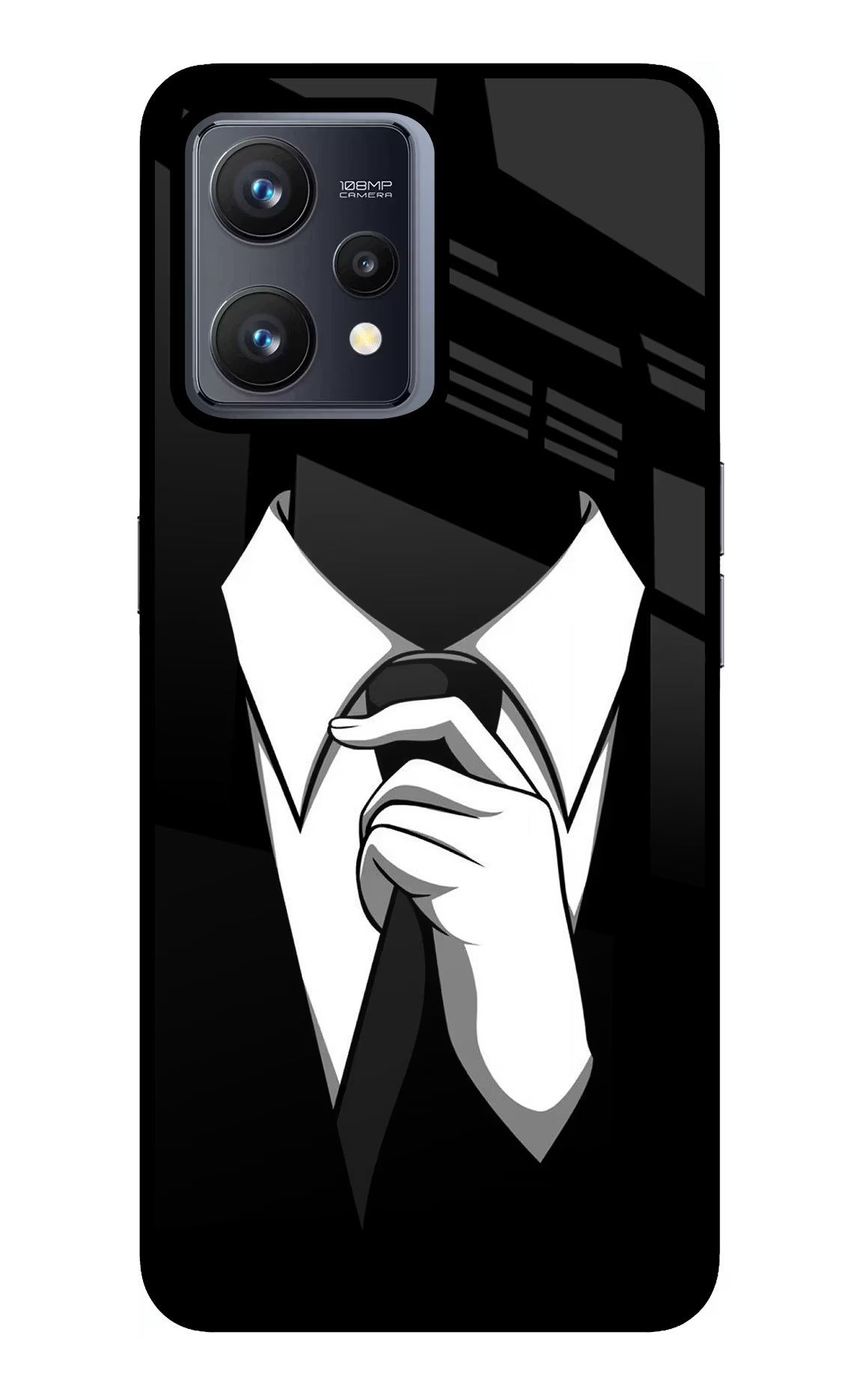 Black Tie Realme 9 4G Back Cover - Black Tie Realme 9 4G Glass Case Back Cover by Casekaro Black Tie Realme 9 4G Glass Case Back Cover by Casekaro