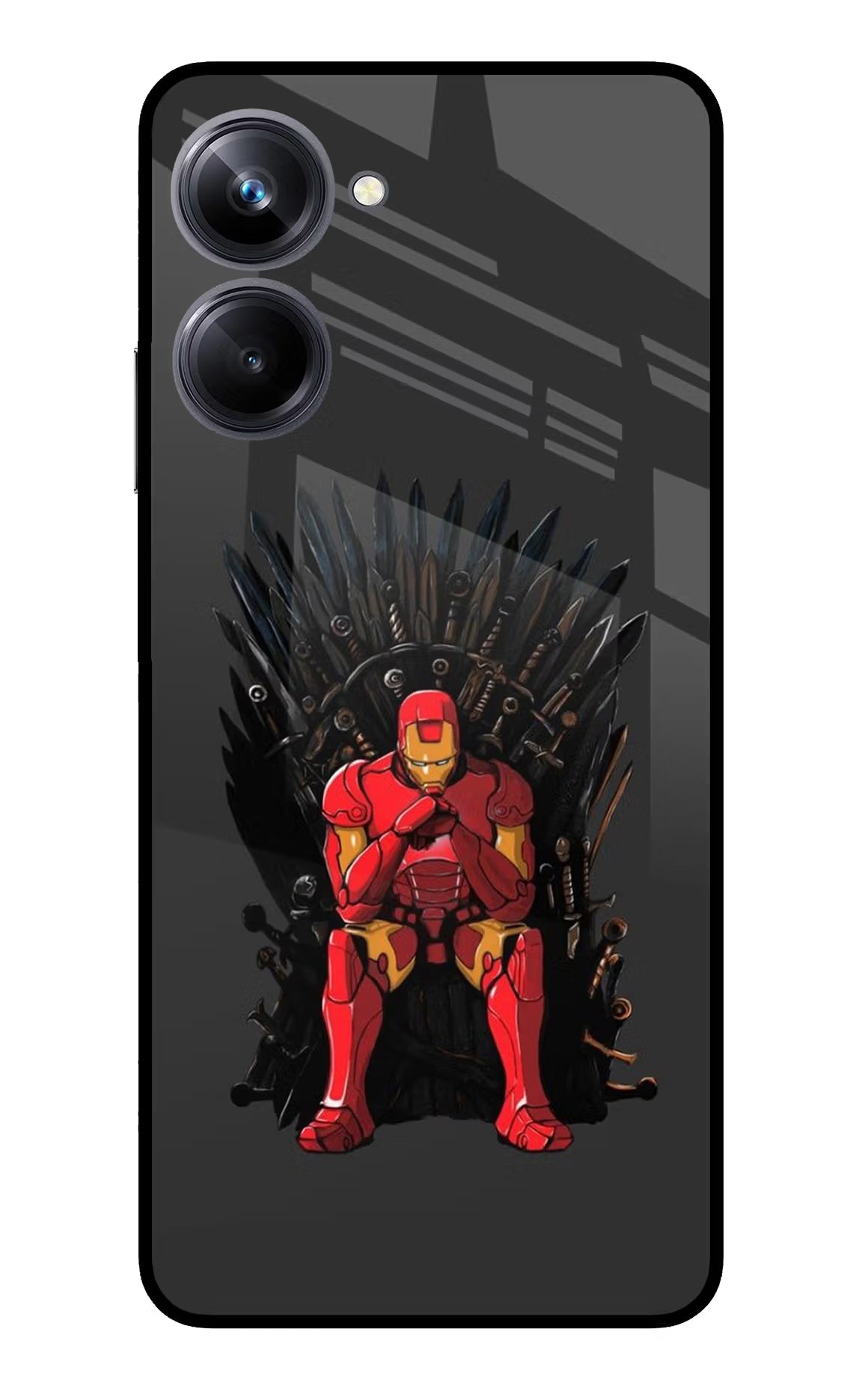 Ironman Throne Realme 10 Pro 5G Back Cover - Ironman Throne Realme 10 Pro 5G Glass Case Back Cover by Casekaro Ironman Throne Realme 10 Pro 5G Glass Case Back Cover by Casekaro