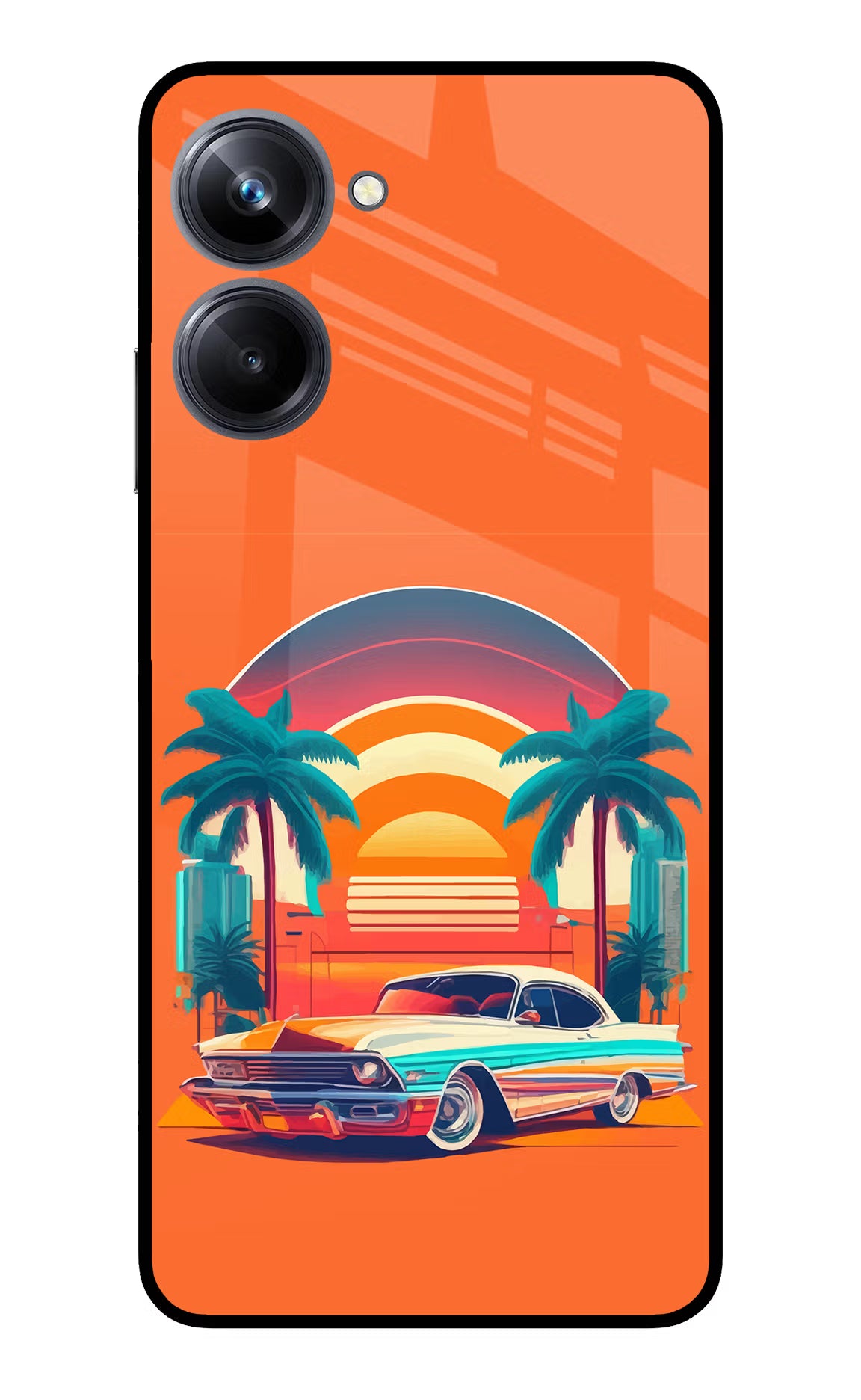 Palm Drive 80s Realme 10 Pro 5G Back Cover - Palm Drive 80s Realme 10 Pro 5G Glass Case Back Cover by Casekaro Palm Drive 80s Realme 10 Pro 5G Glass Case Back Cover by Casekaro