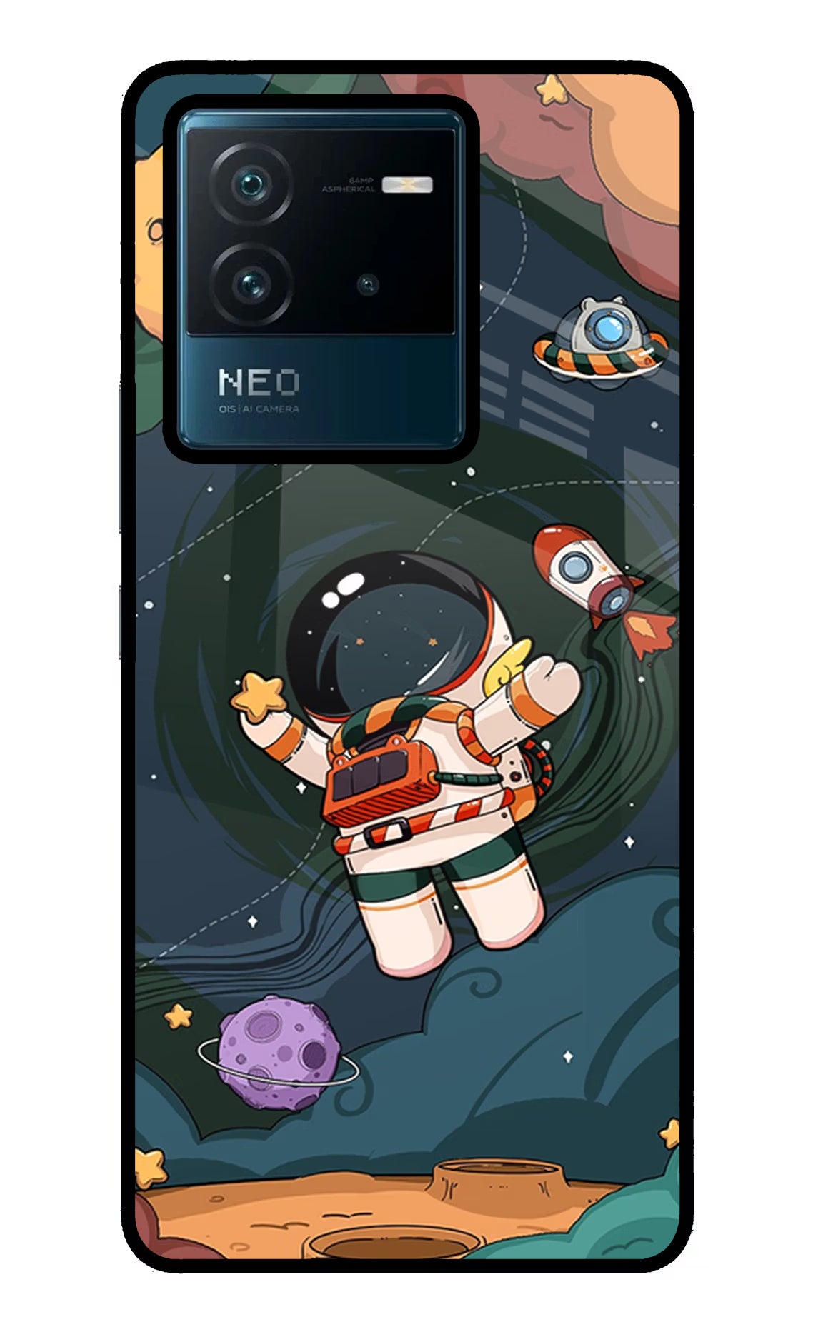Cartoon Astronaut IQOO Neo 6 5G Glass Case Back Cover by Casekaro