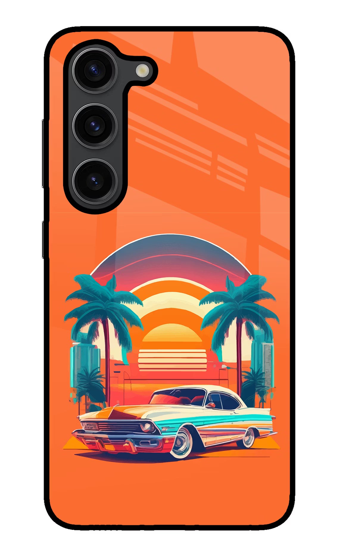 Palm Drive 80s Samsung S23 Plus Back Cover - Palm Drive 80s Samsung S23 Plus Glass Case Back Cover by Casekaro Palm Drive 80s Samsung S23 Plus Glass Case Back Cover by Casekaro