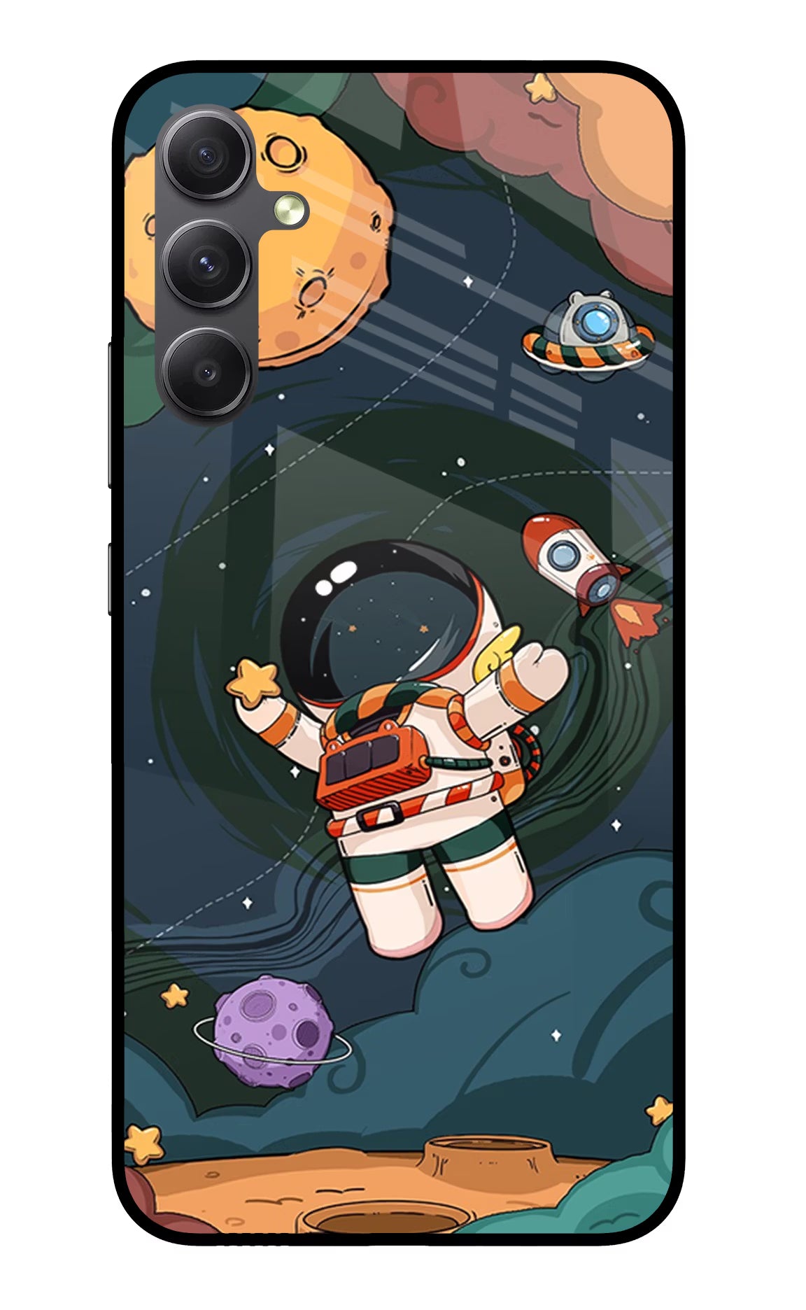 Cartoon Astronaut Samsung A34 5G Glass Case Back Cover by Casekaro