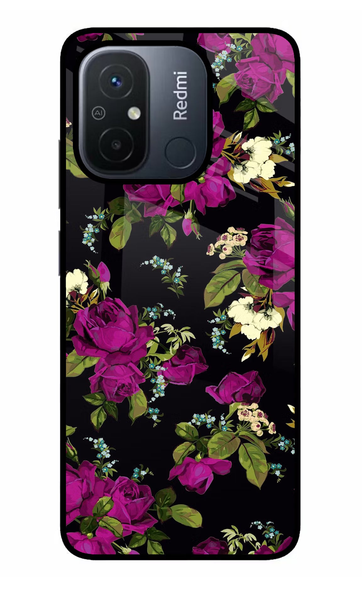Flowers Redmi 12C Back Cover - Flowers Redmi 12C Glass Case Back Cover by Casekaro Flowers Redmi 12C Glass Case Back Cover by Casekaro