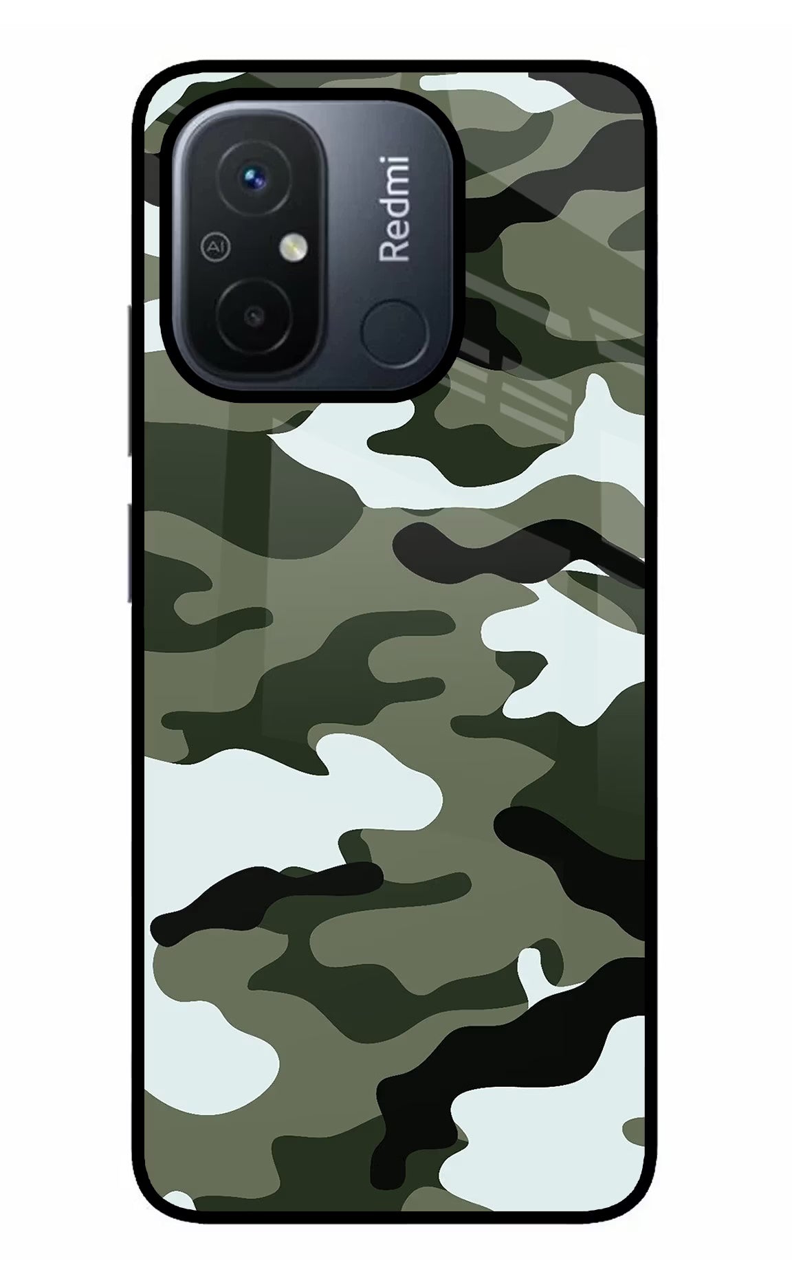 Camouflage Redmi 12C Back Cover - Camouflage Redmi 12C Glass Case Back Cover by Casekaro Camouflage Redmi 12C Glass Case Back Cover by Casekaro