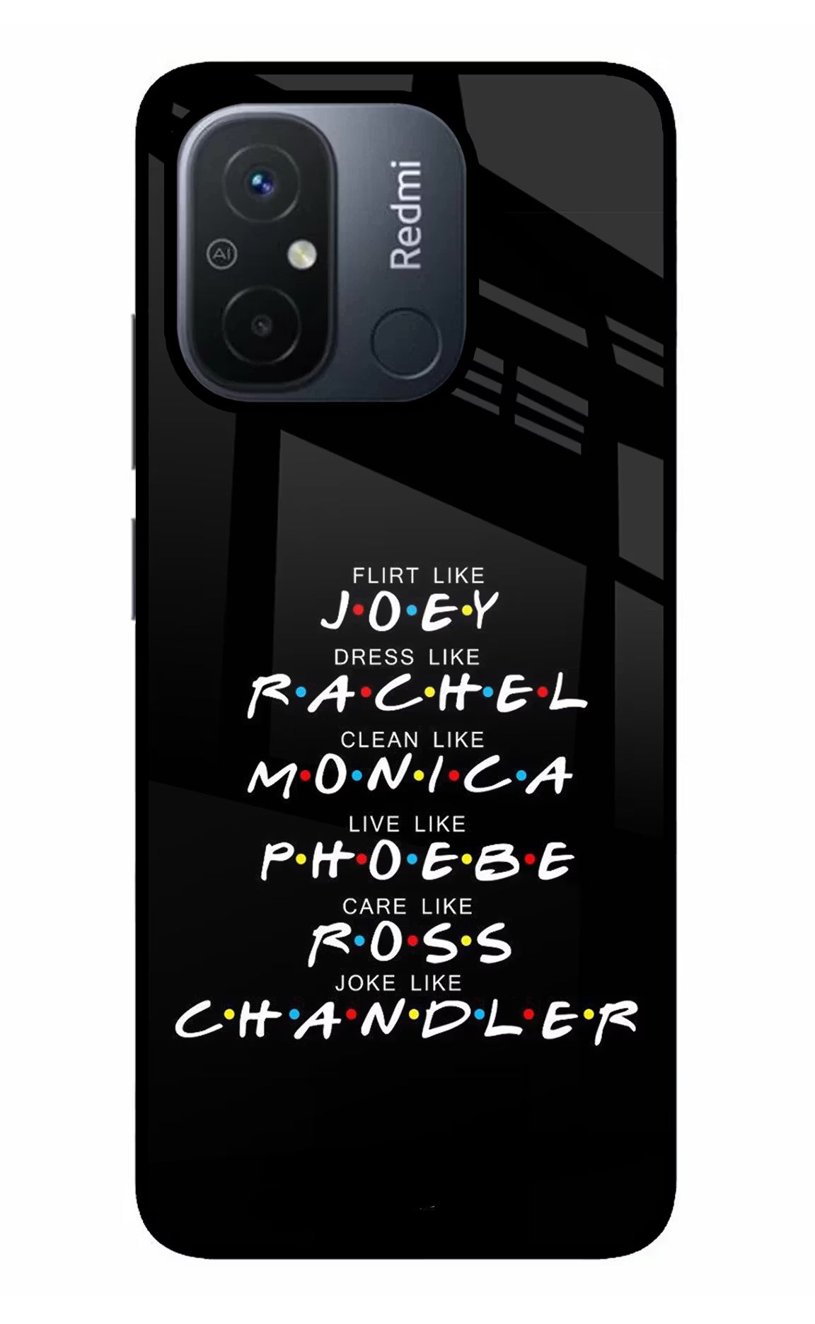 FRIENDS Character Redmi 12C Glass Case Back Cover by Casekaro