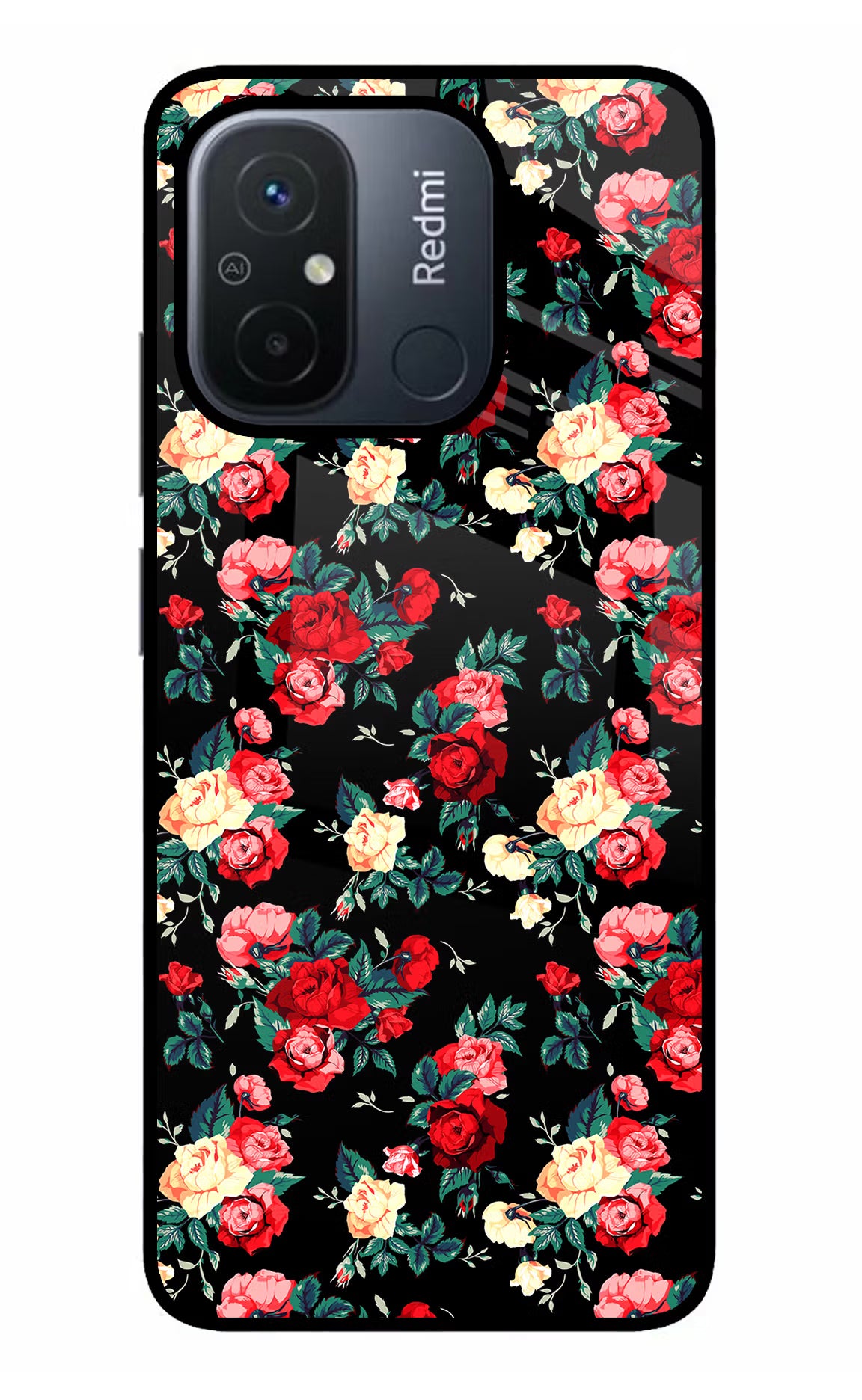 Rose Pattern Redmi 12C Glass Case Back Cover by Casekaro