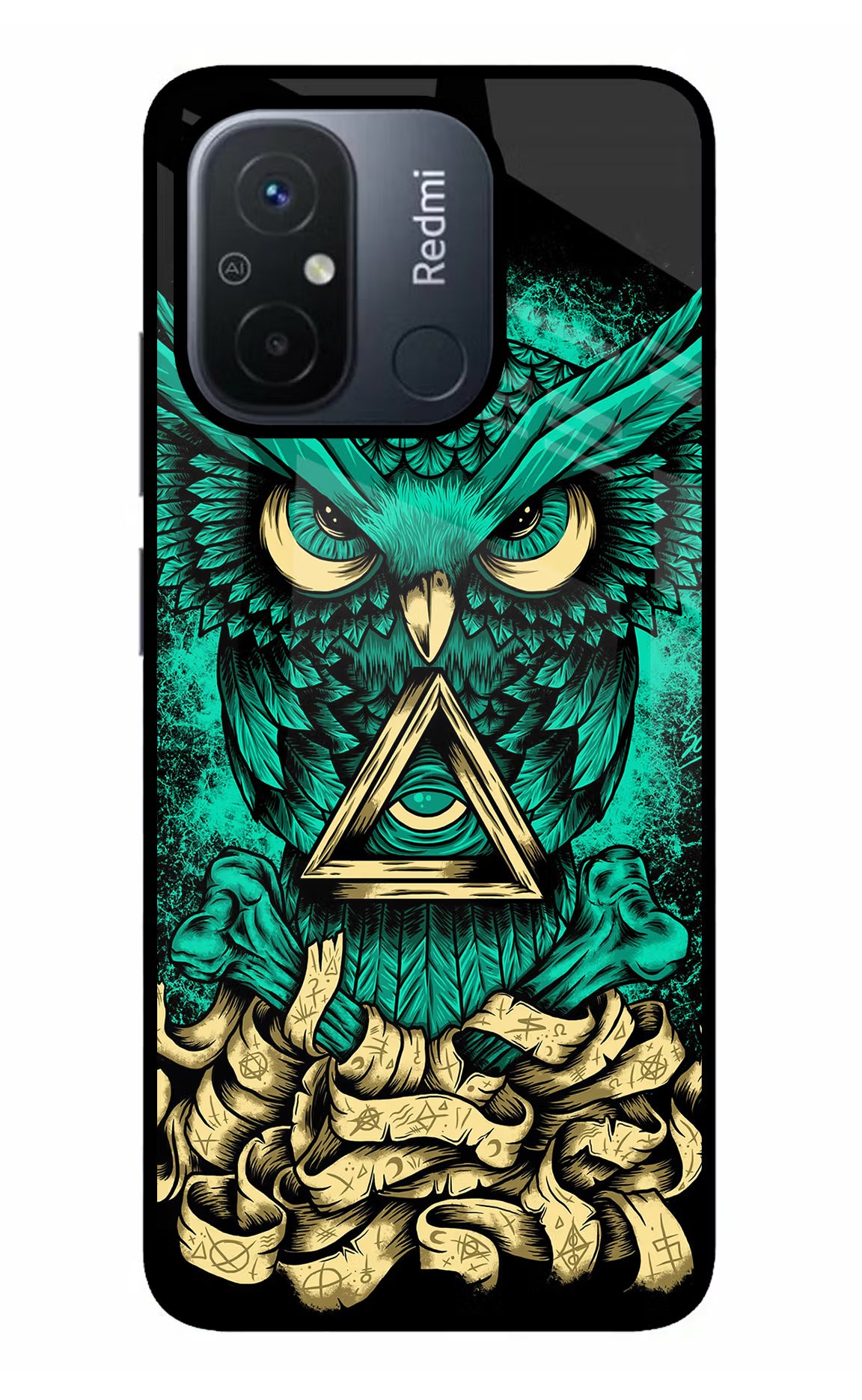 Green Owl Redmi 12C Back Cover - Green Owl Redmi 12C Glass Case Back Cover by Casekaro Green Owl Redmi 12C Glass Case Back Cover by Casekaro