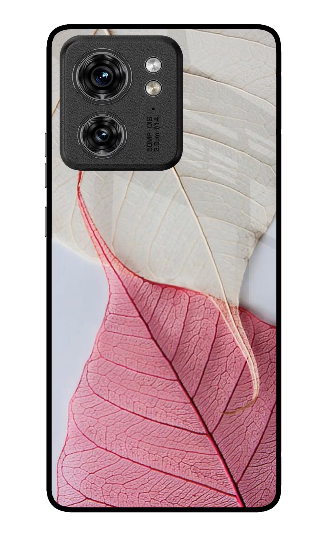 White Pink Leaf Moto Edge 40 Glass Case Back Cover by Casekaro