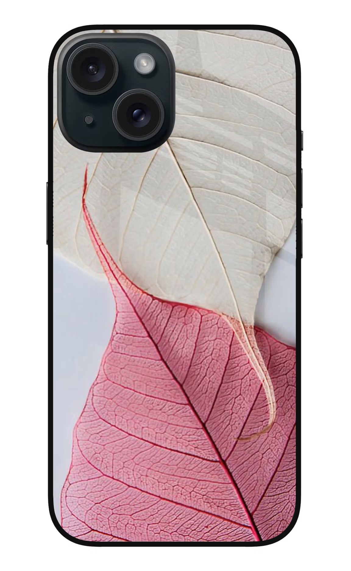White Pink Leaf iPhone 15 Plus Glass Case - White Pink Leaf iPhone 15 Plus Glass Case White Pink Leaf iPhone 15 Plus Glass Case