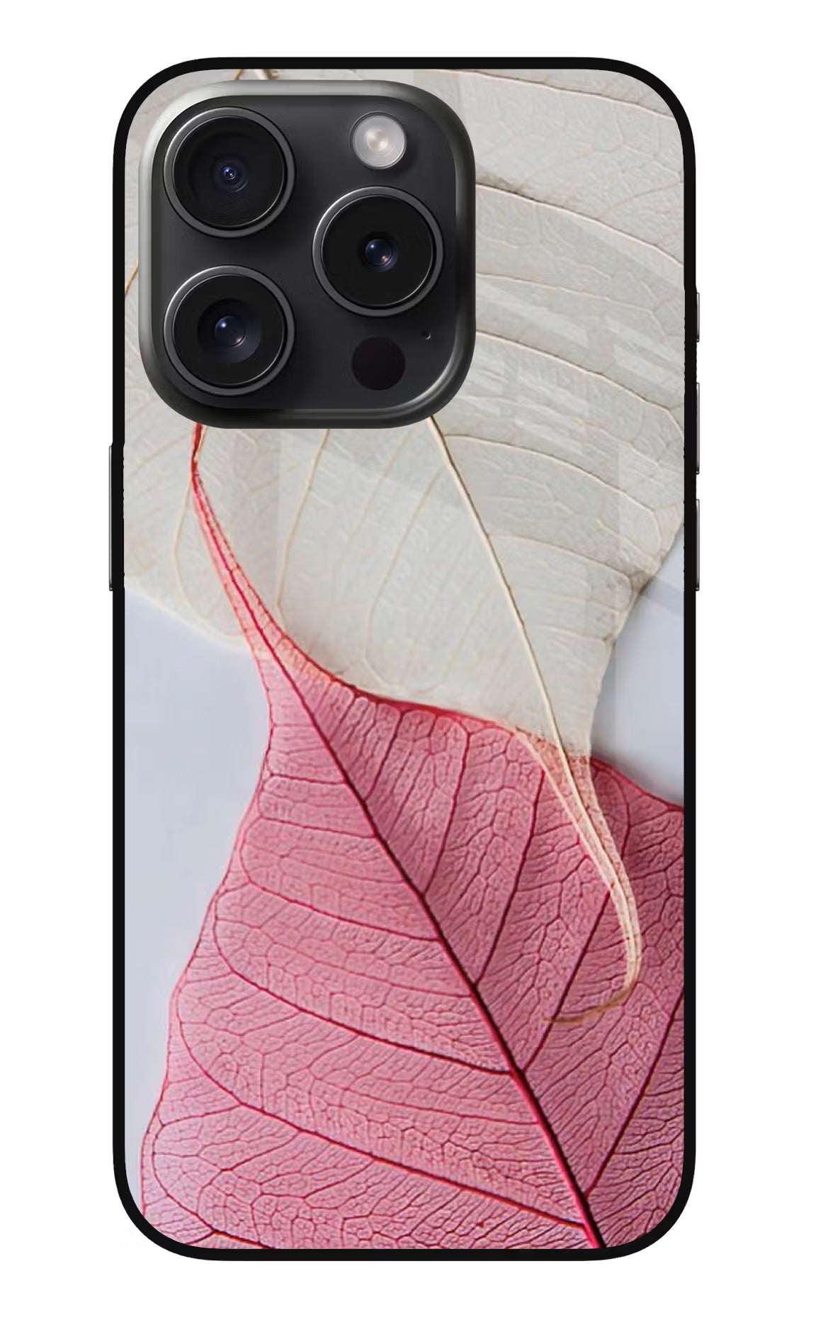 White Pink Leaf iPhone 15 Pro Glass Case - White Pink Leaf iPhone 15 Pro Glass Case White Pink Leaf iPhone 15 Pro Glass Case