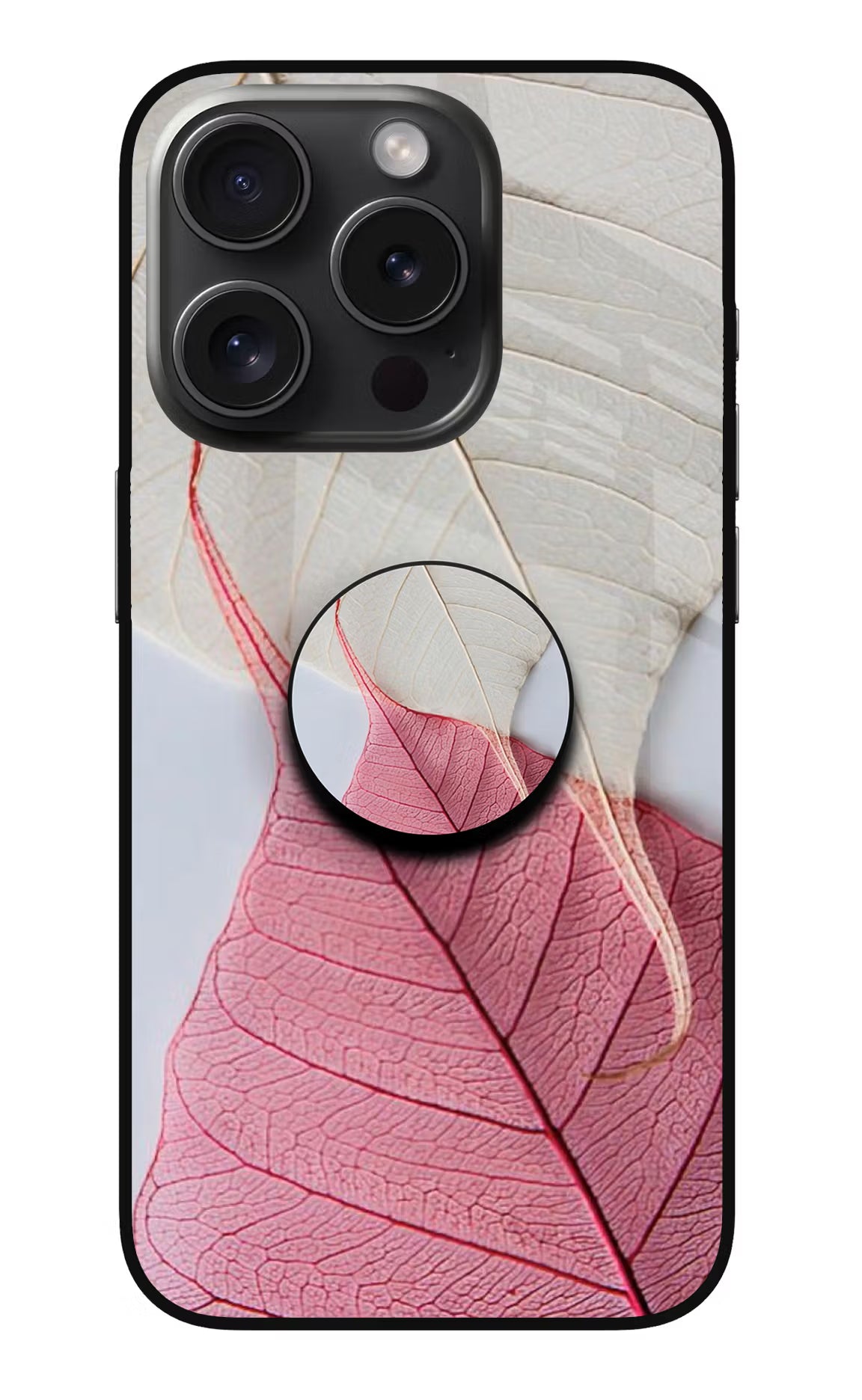 White Pink Leaf iPhone 15 Pro Glass Case - White Pink Leaf iPhone 15 Pro Glass Case White Pink Leaf iPhone 15 Pro Glass Case